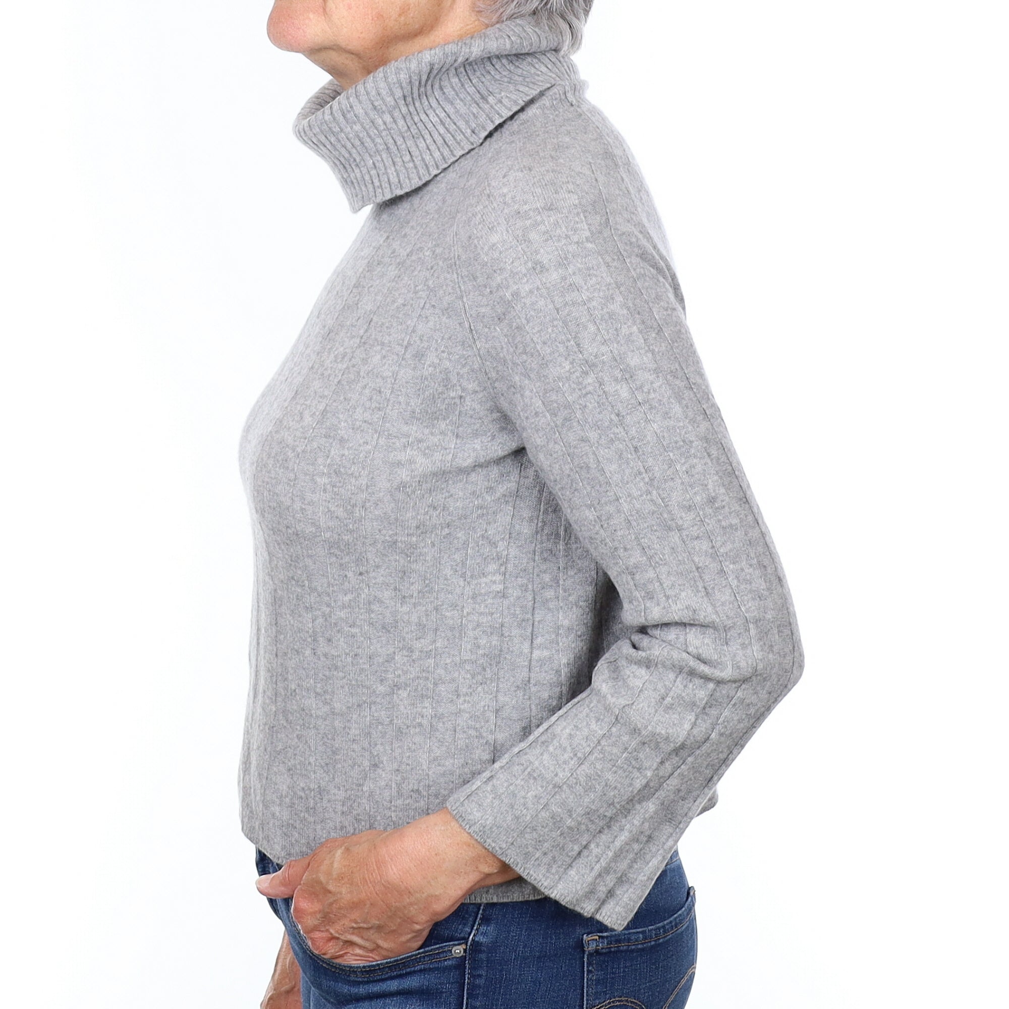 Smoke Grey Rib Cashmere Polo Neck Jumper Medium