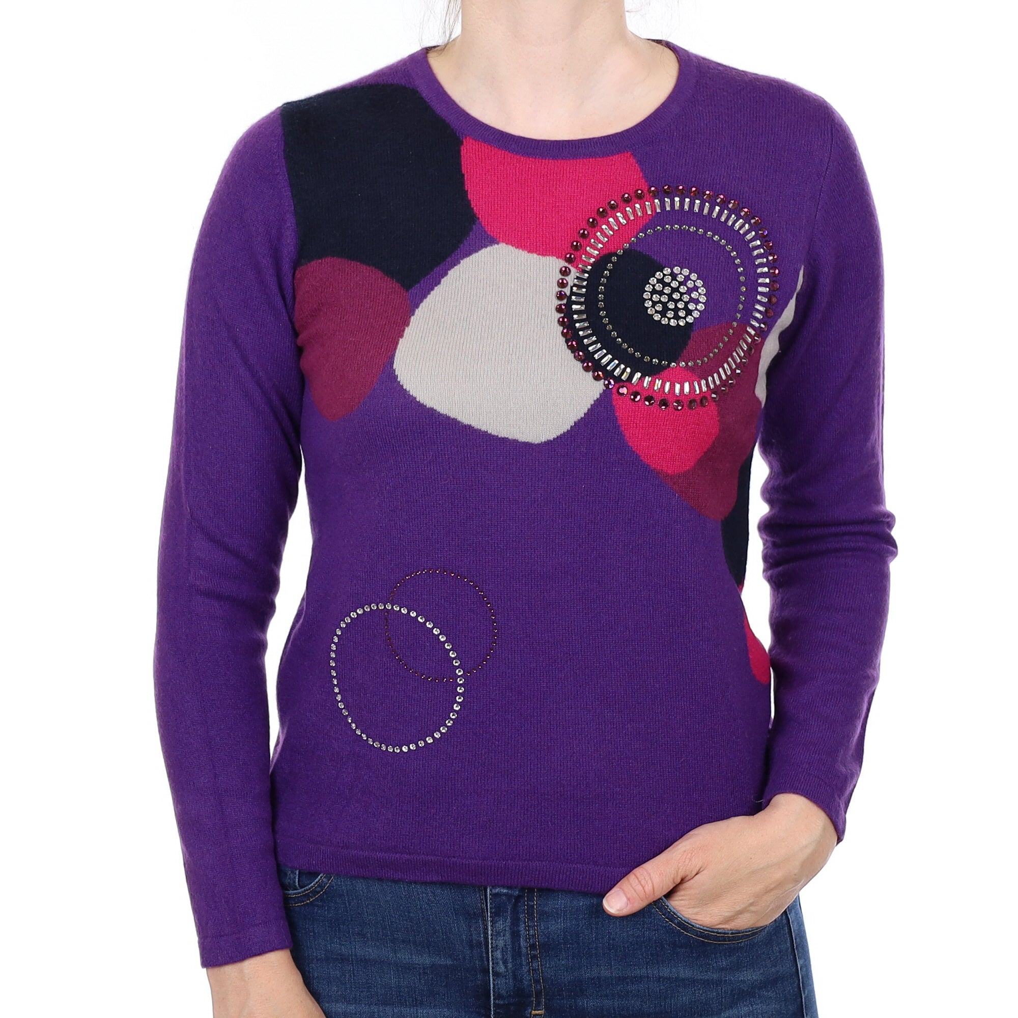Purple Embellished Pattern Cashmere Crew Neck Jumper Small