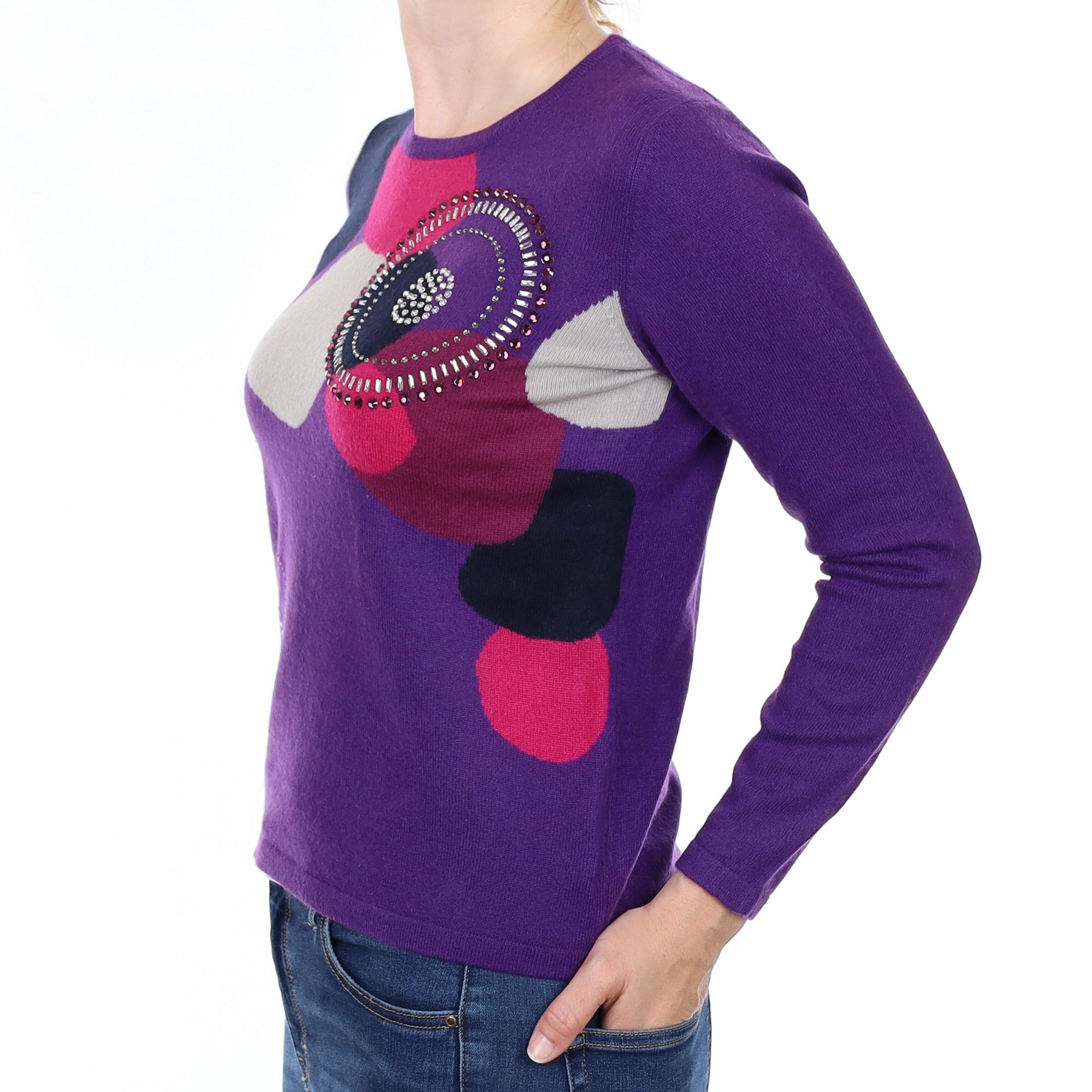 Purple Embellished Pattern Cashmere Crew Neck Jumper Small