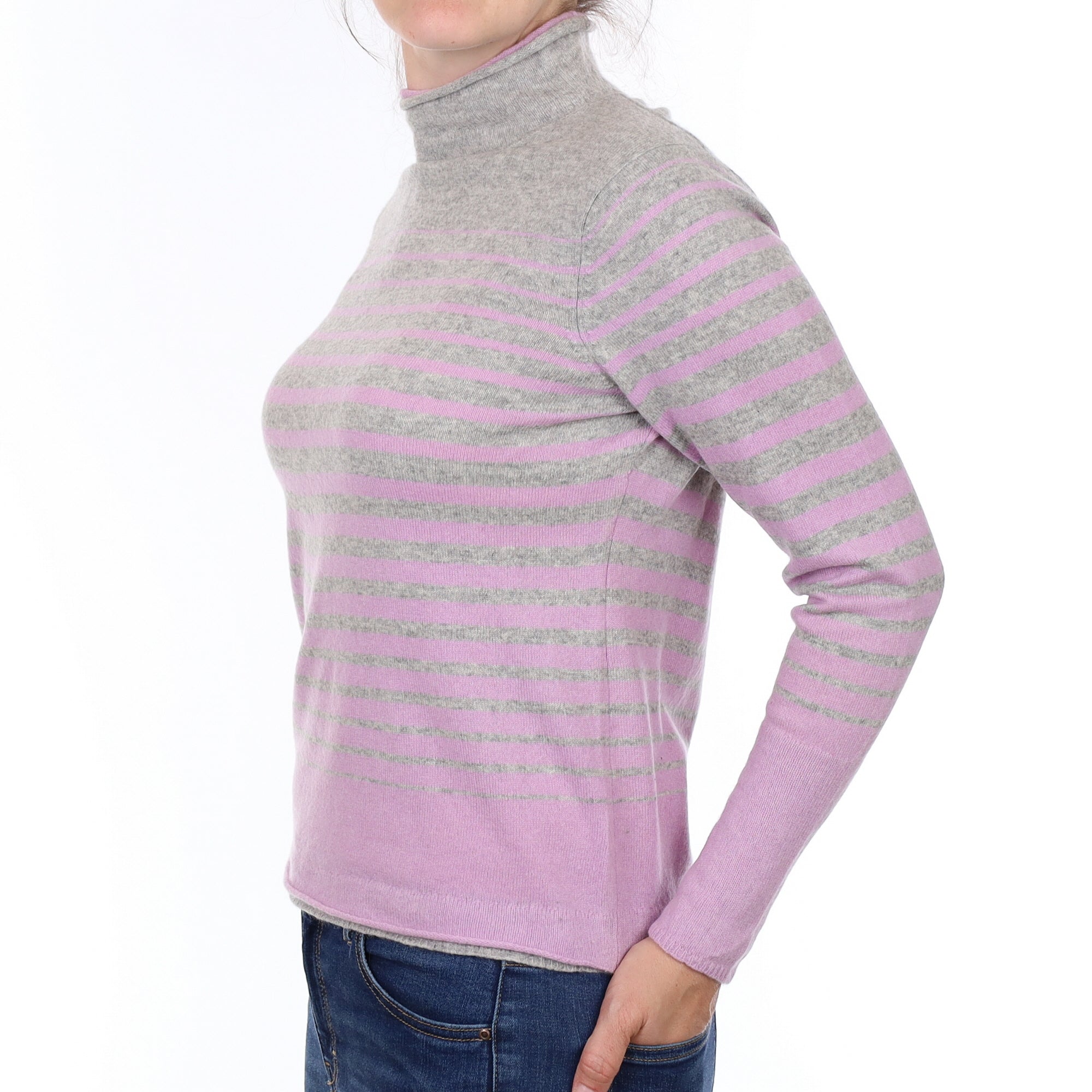Smoke Grey and Lavender Stripe Cashmere Funnel Neck Jumper Small