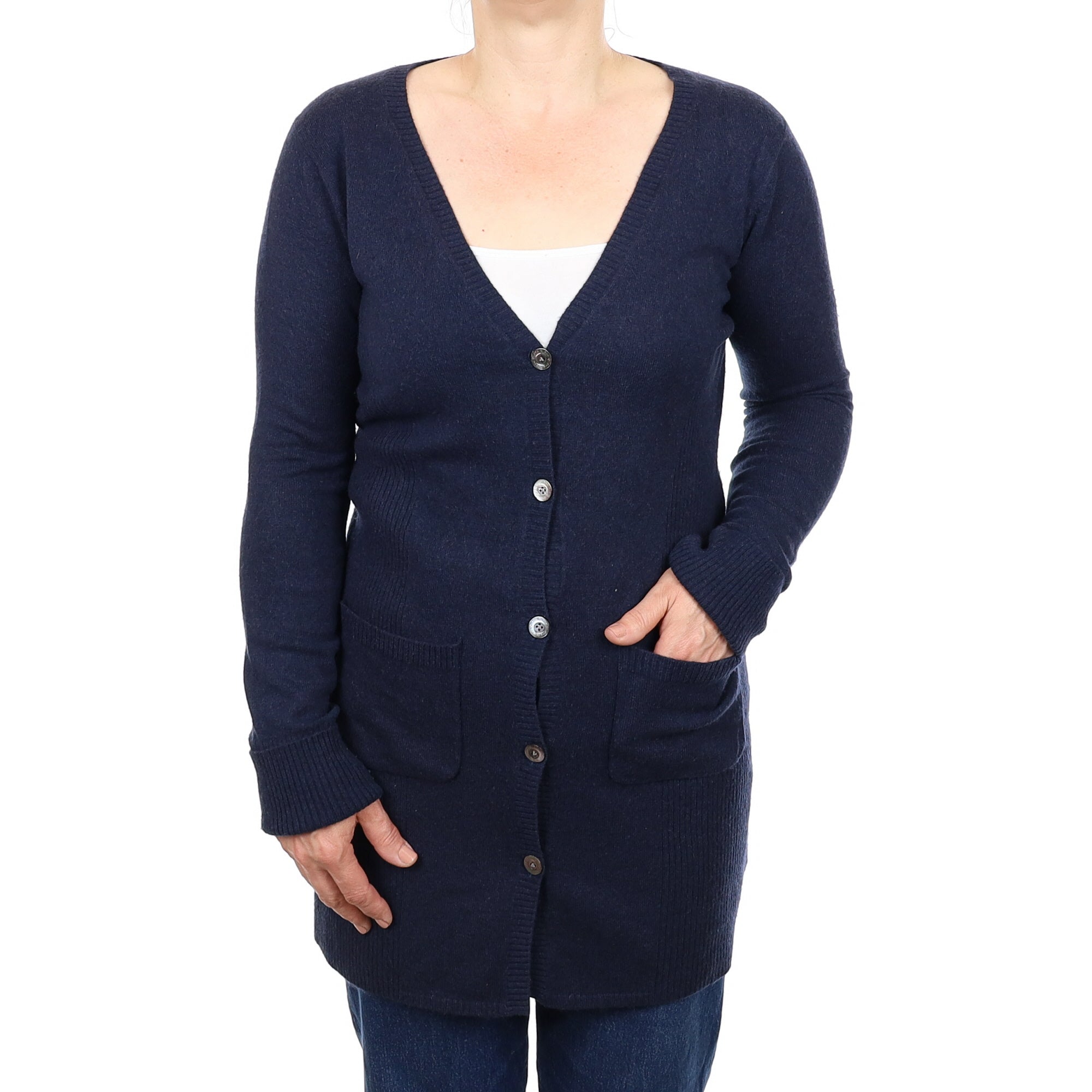 Midnight Blue Cashmere Longline V Neck Cardigan with Pockets Medium