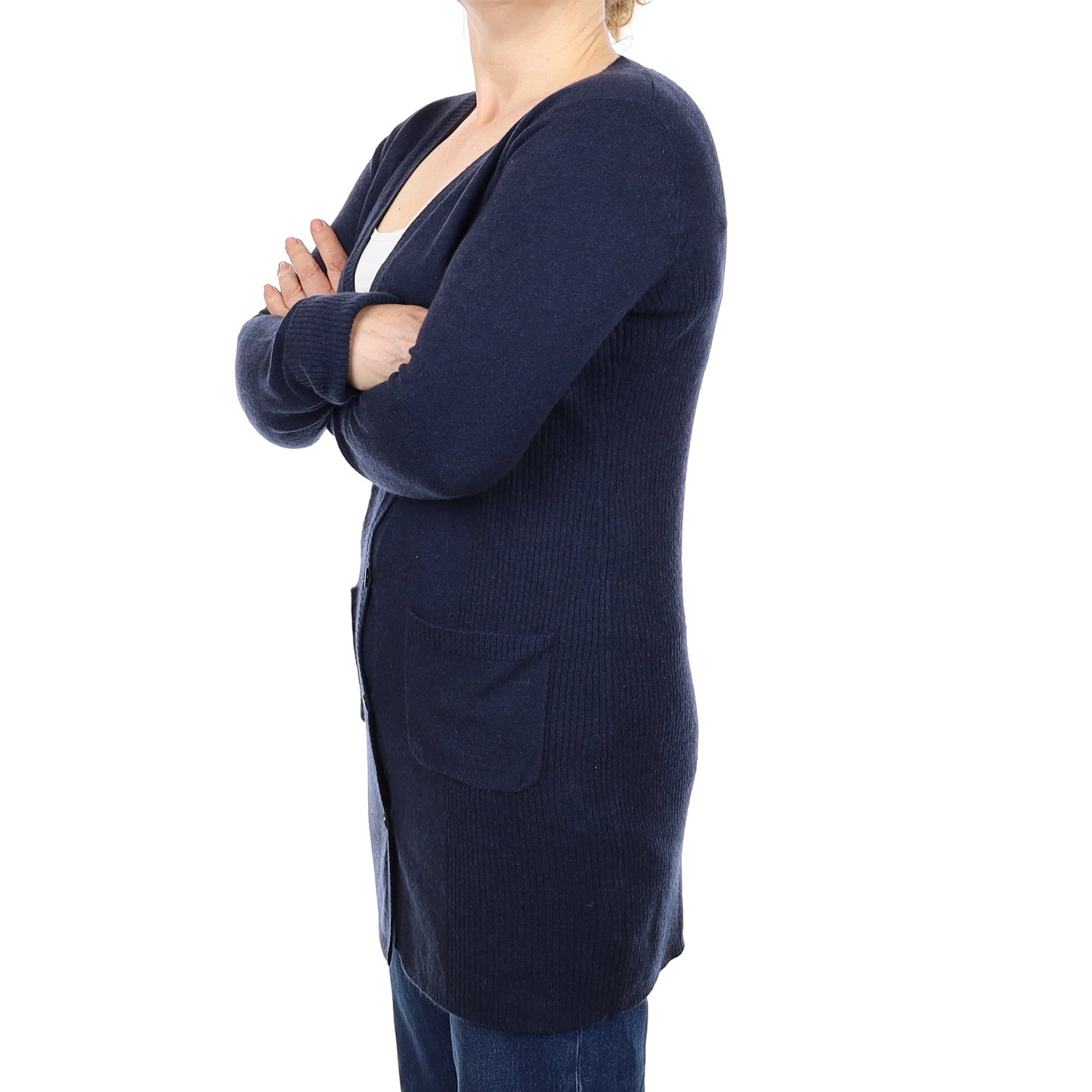 Midnight Blue Cashmere Longline V Neck Cardigan with Pockets Medium