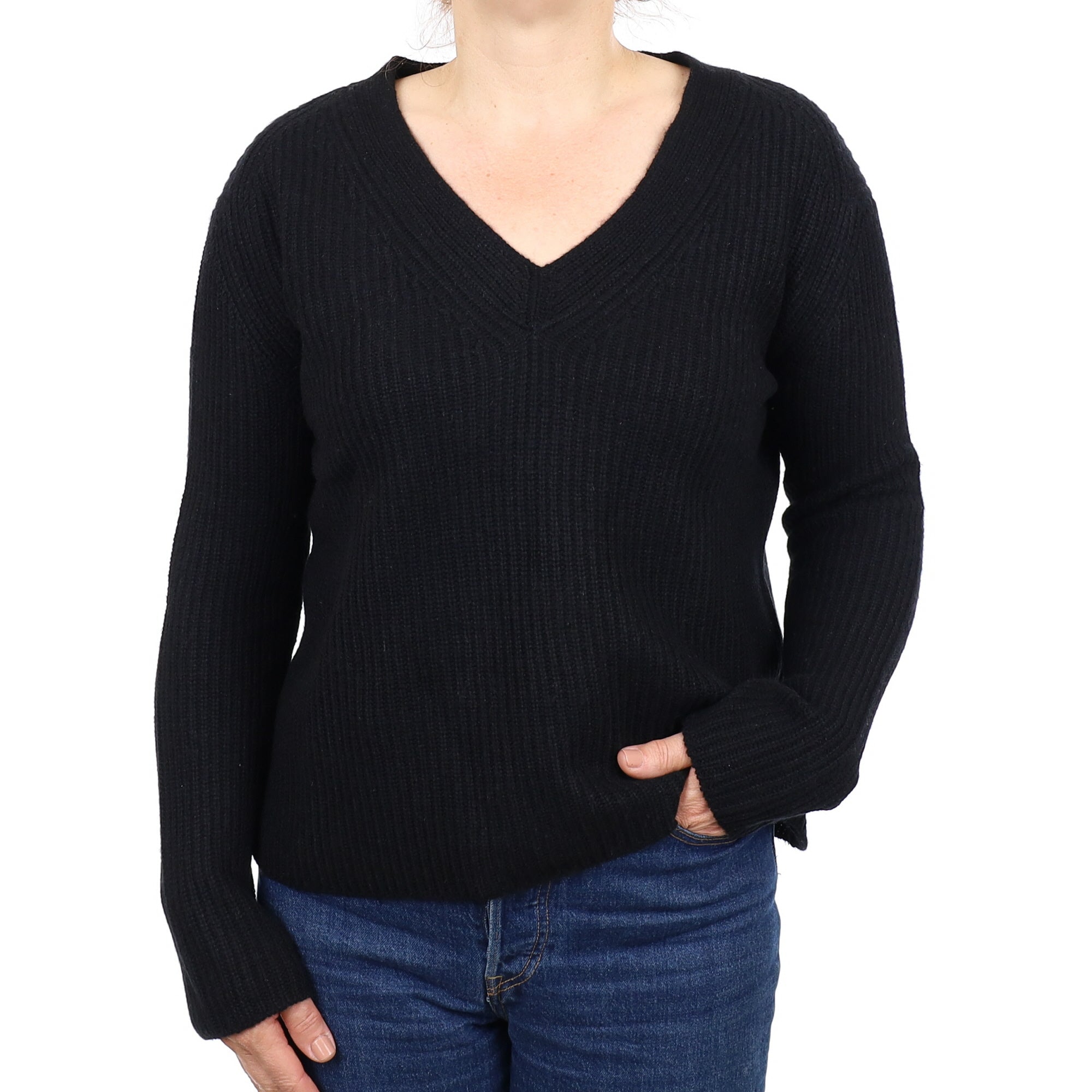 Vince Black Chunky Cashmere V Neck Jumper Medium