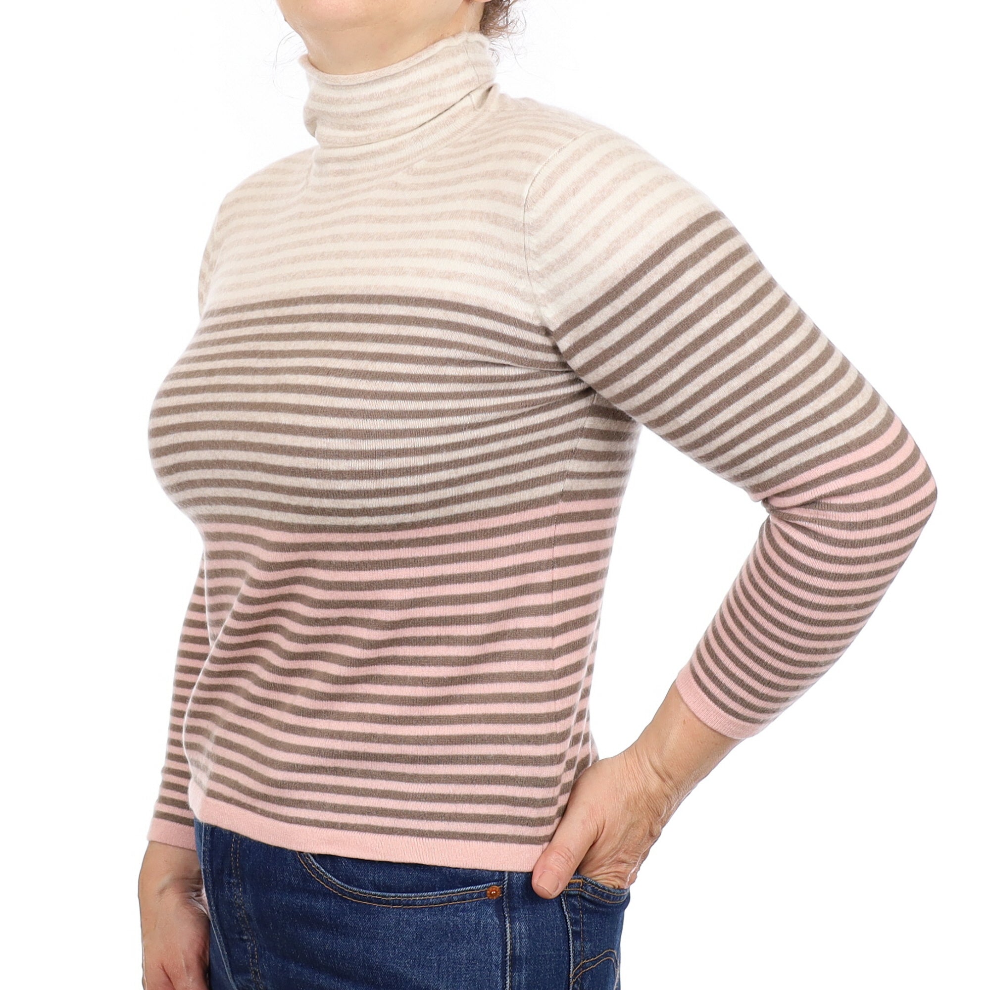 Mocha and Blush Stripe Cashmere Funnel Neck Jumper Medium