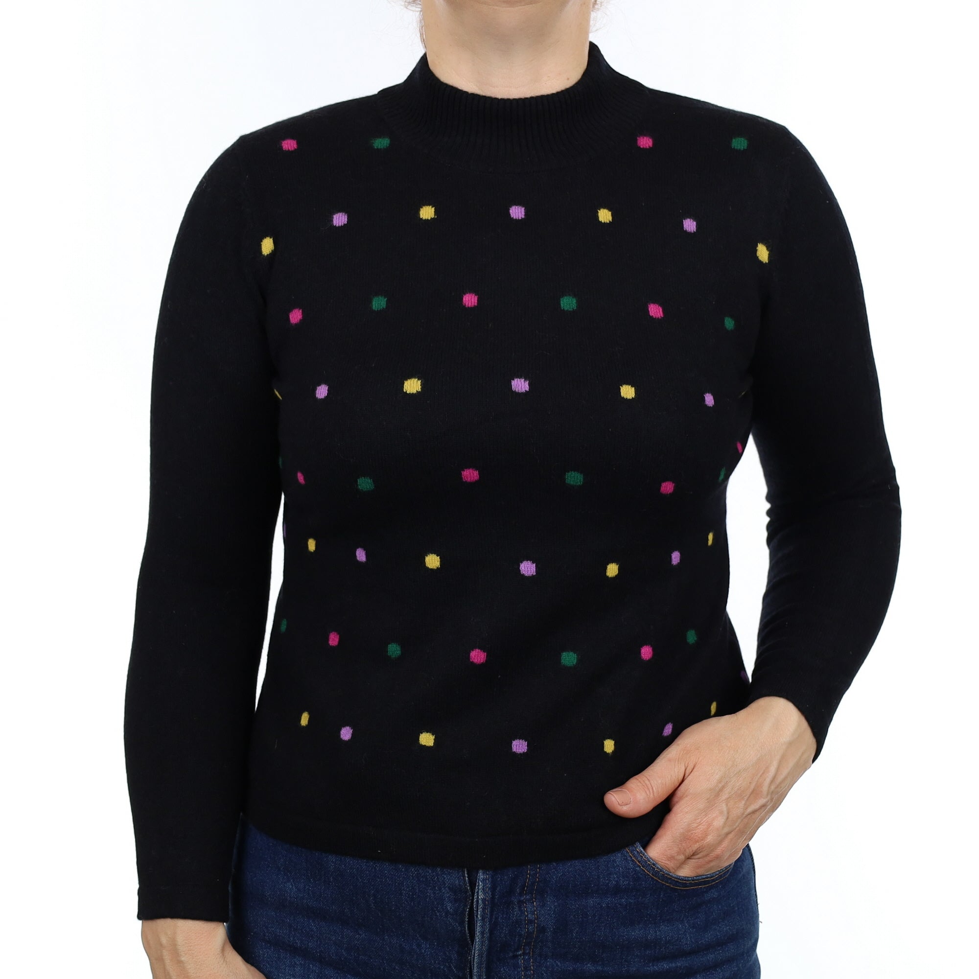 Black Colourful Spot Cashmere Turtleneck Jumper Medium