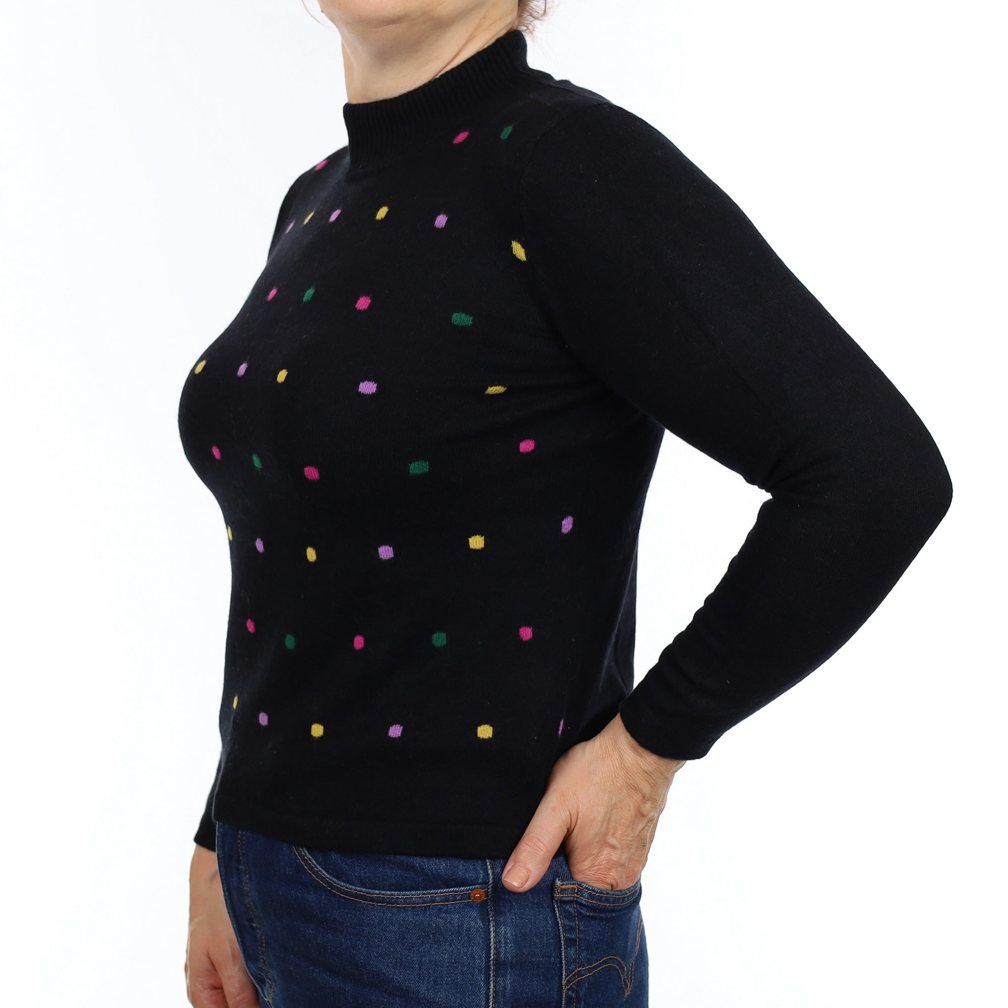 Black Colourful Spot Cashmere Turtleneck Jumper Medium