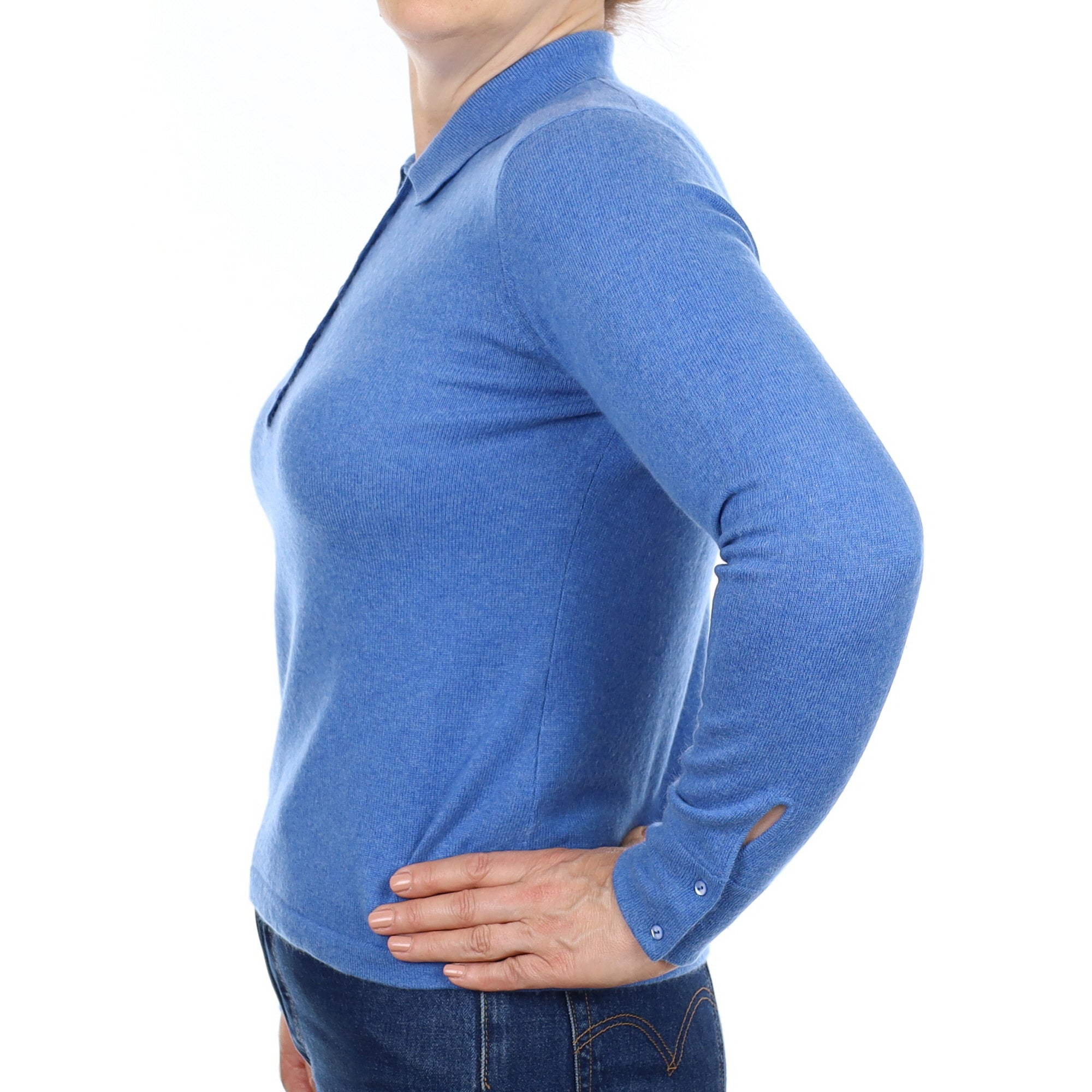 Tanzanite Blue Cashmere Button Front Jumper with Collar Medium
