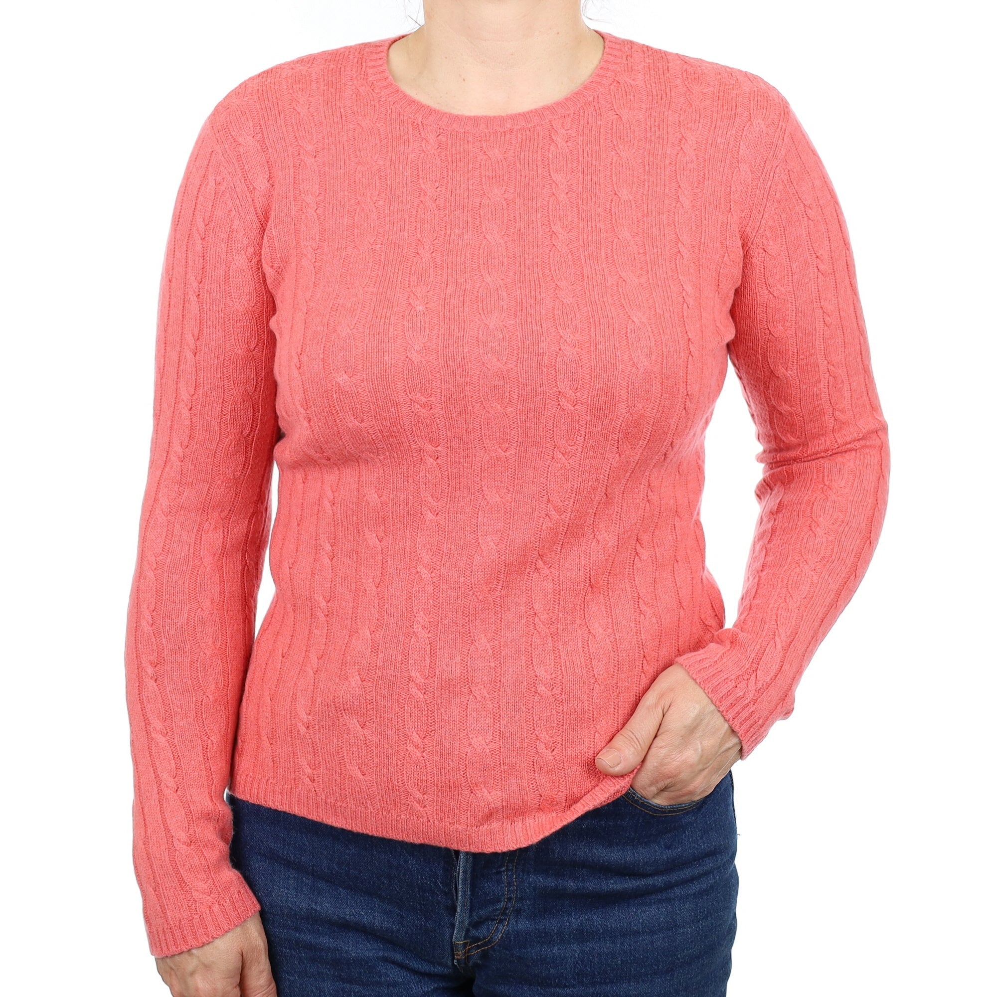 Coral Pink Cable Cashmere Crew Neck Jumper Medium