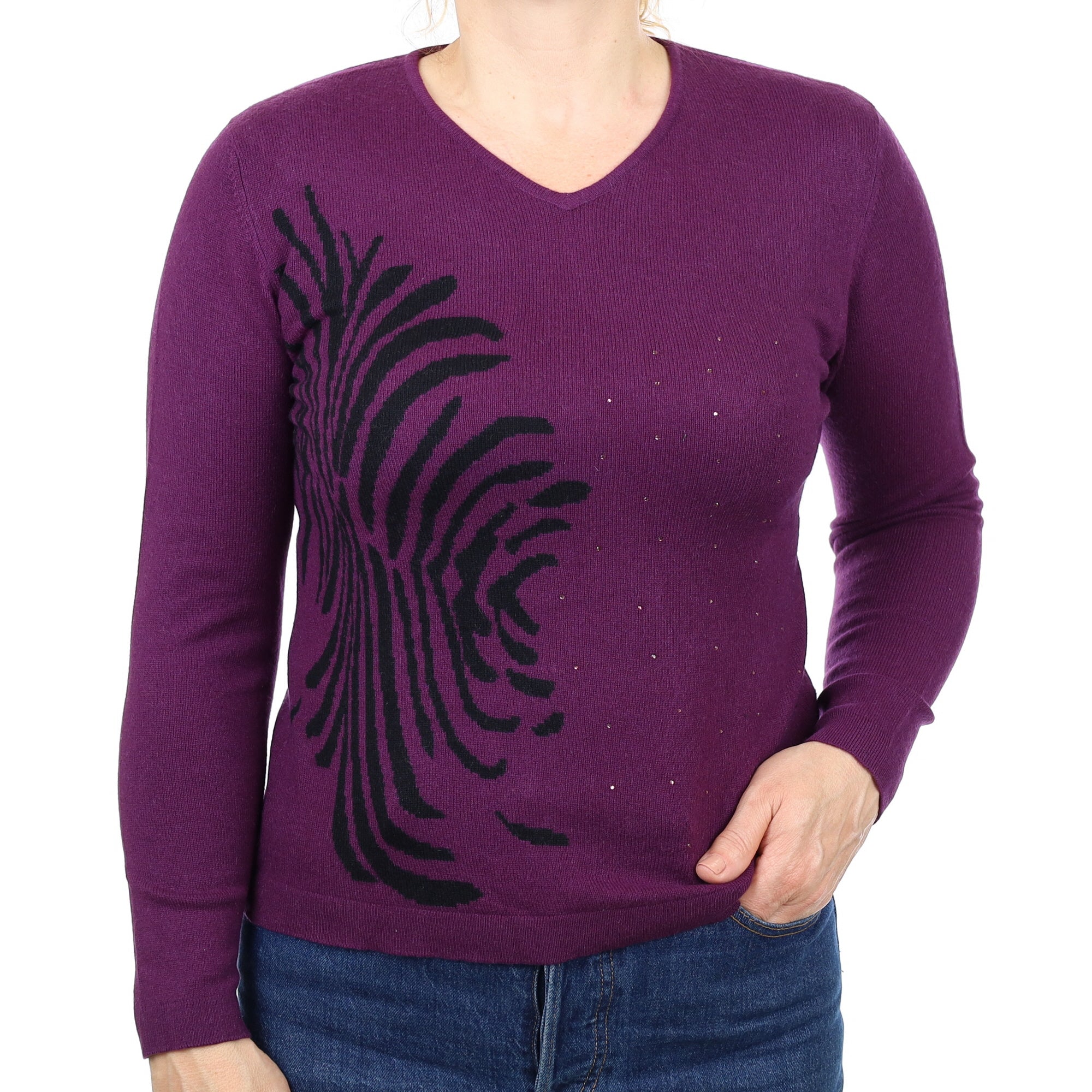 Grape Purple Patterned Cashmere V Neck Jumper Medium