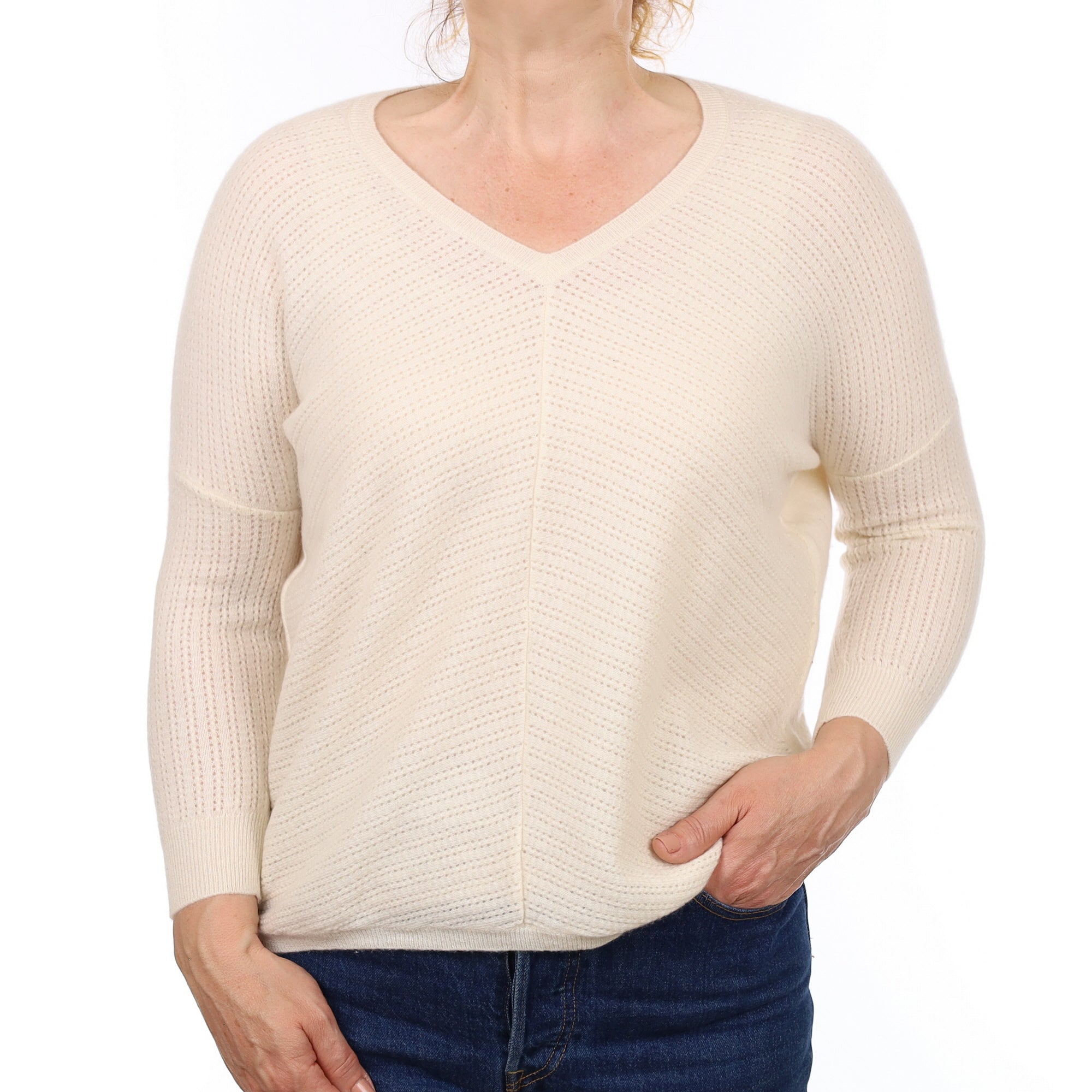Ivory Lace Front Cashmere Batwing V Neck Jumper Medium