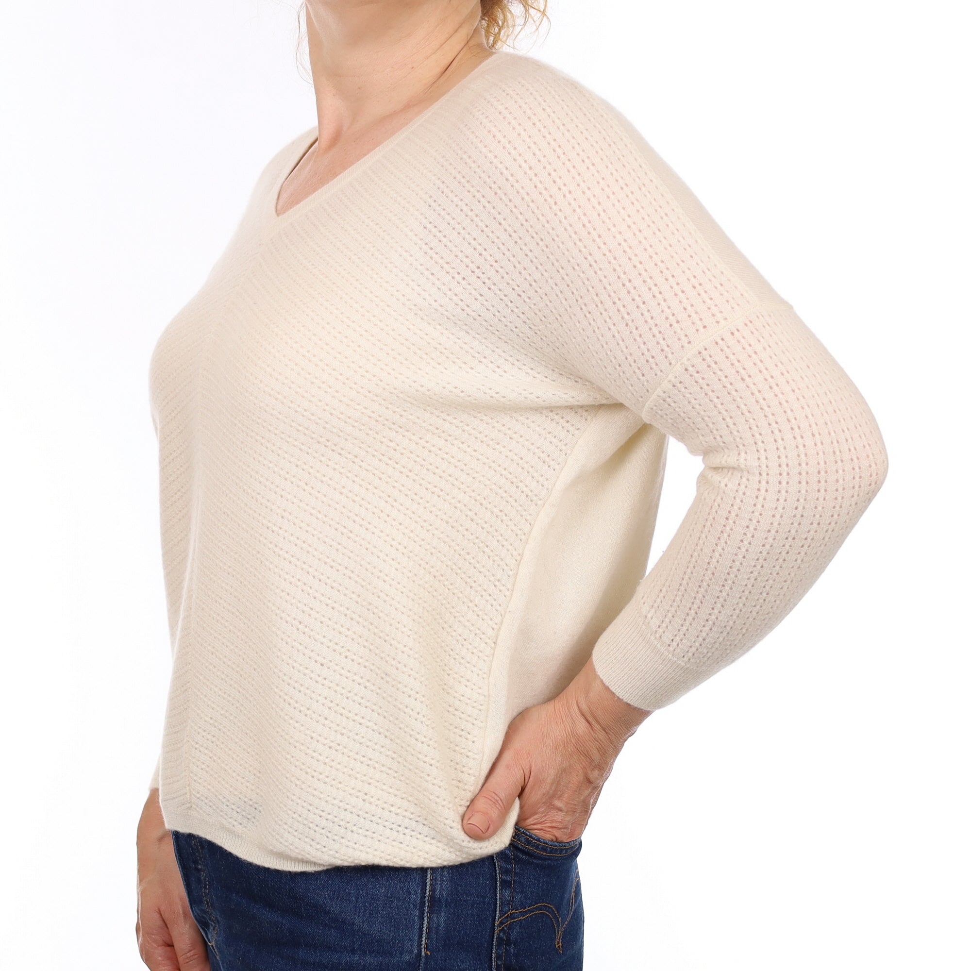 Ivory Lace Front Cashmere Batwing V Neck Jumper Medium