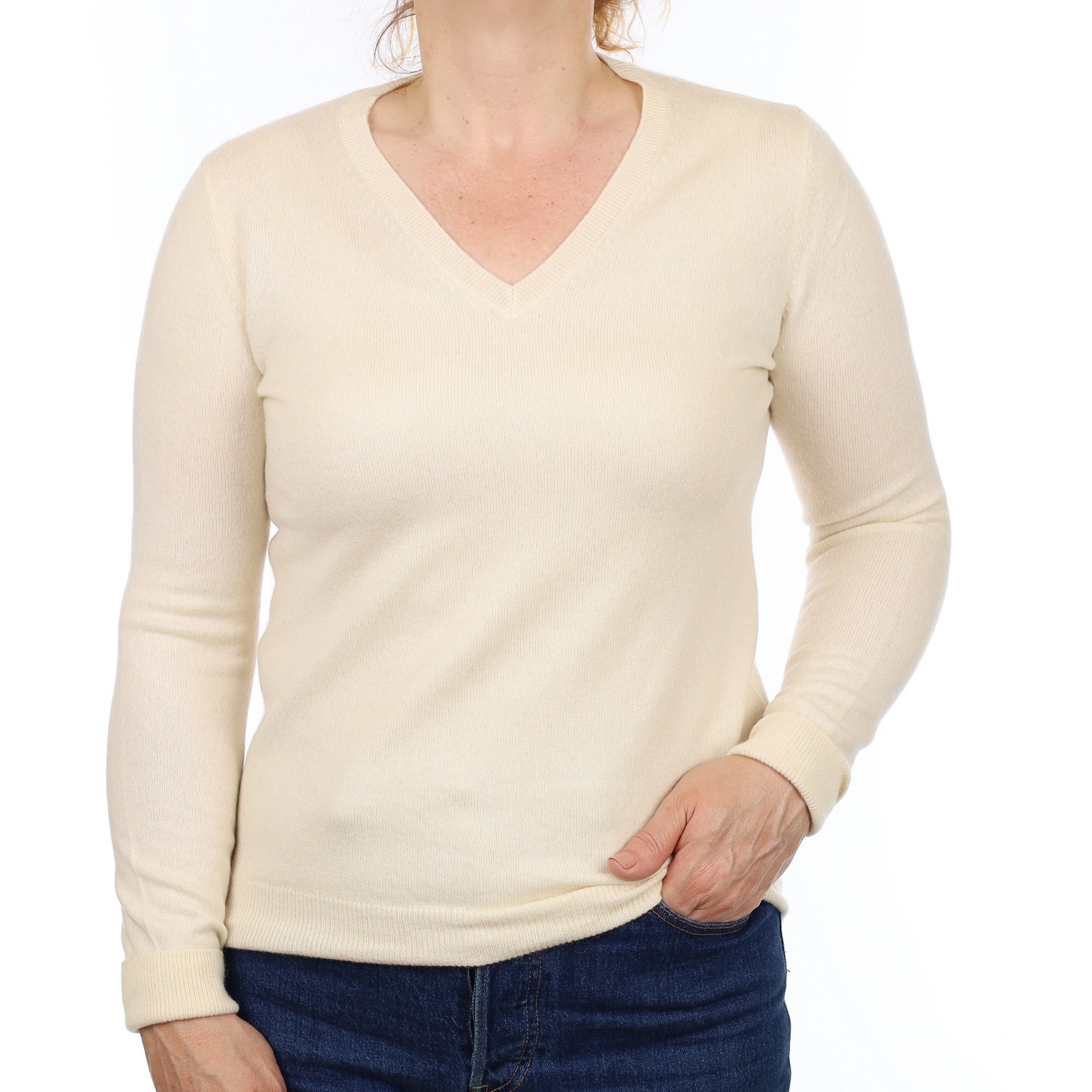 Vanilla Cream Cashmere V Neck Jumper Medium