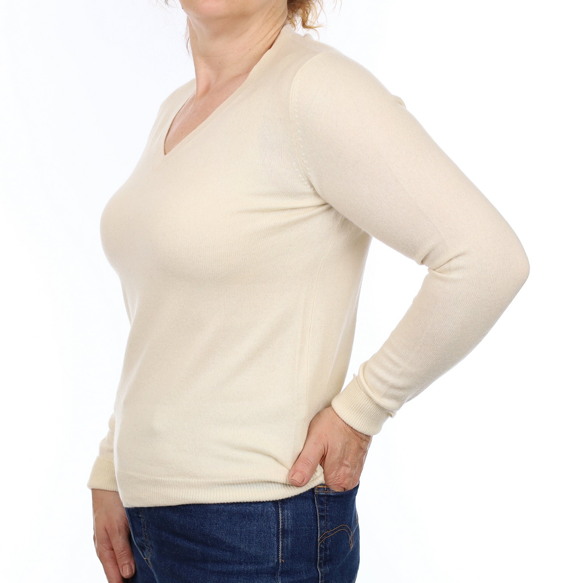 Vanilla Cream Cashmere V Neck Jumper Medium