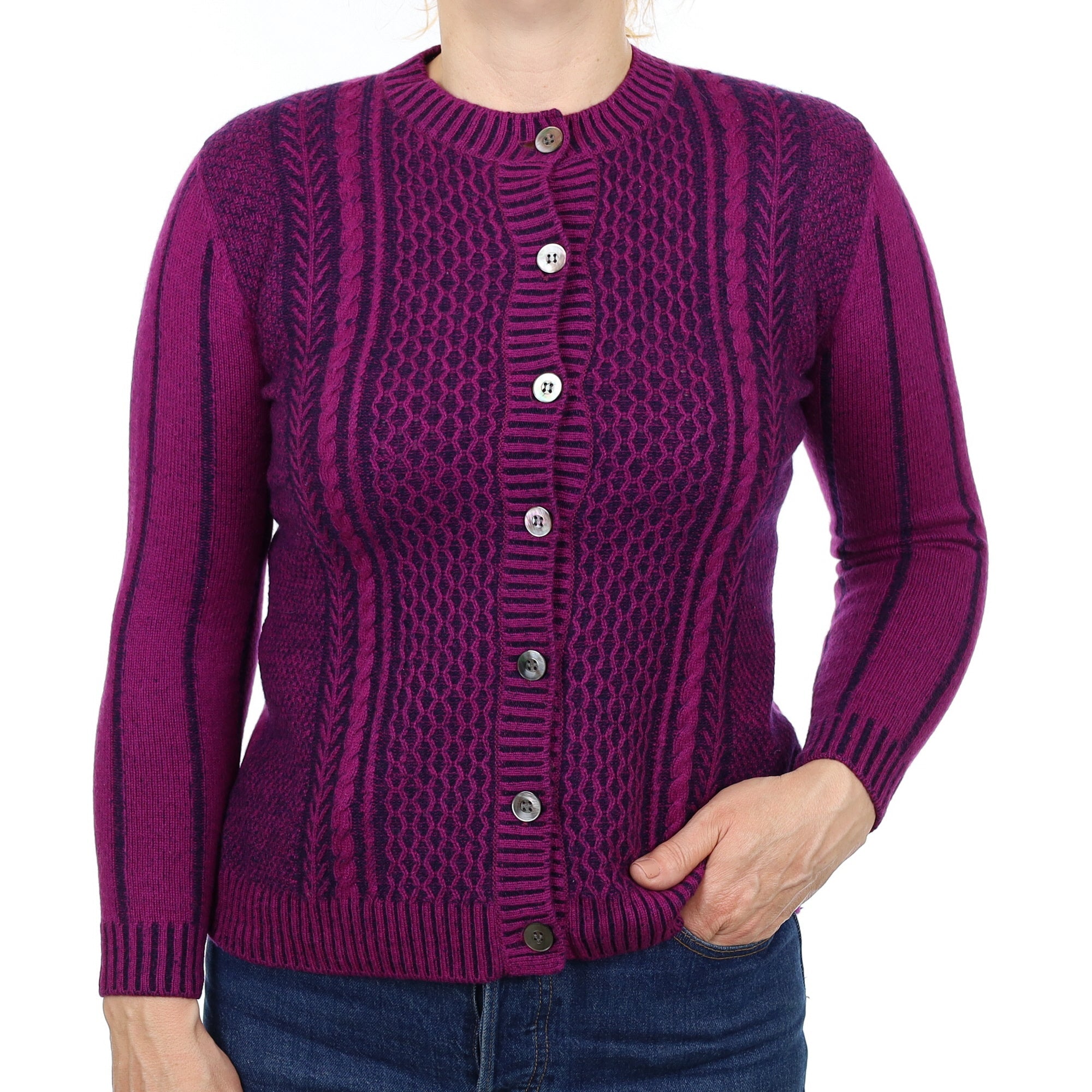 Magenta and Navy Textured Cashmere Crew Neck Cardigan Medium