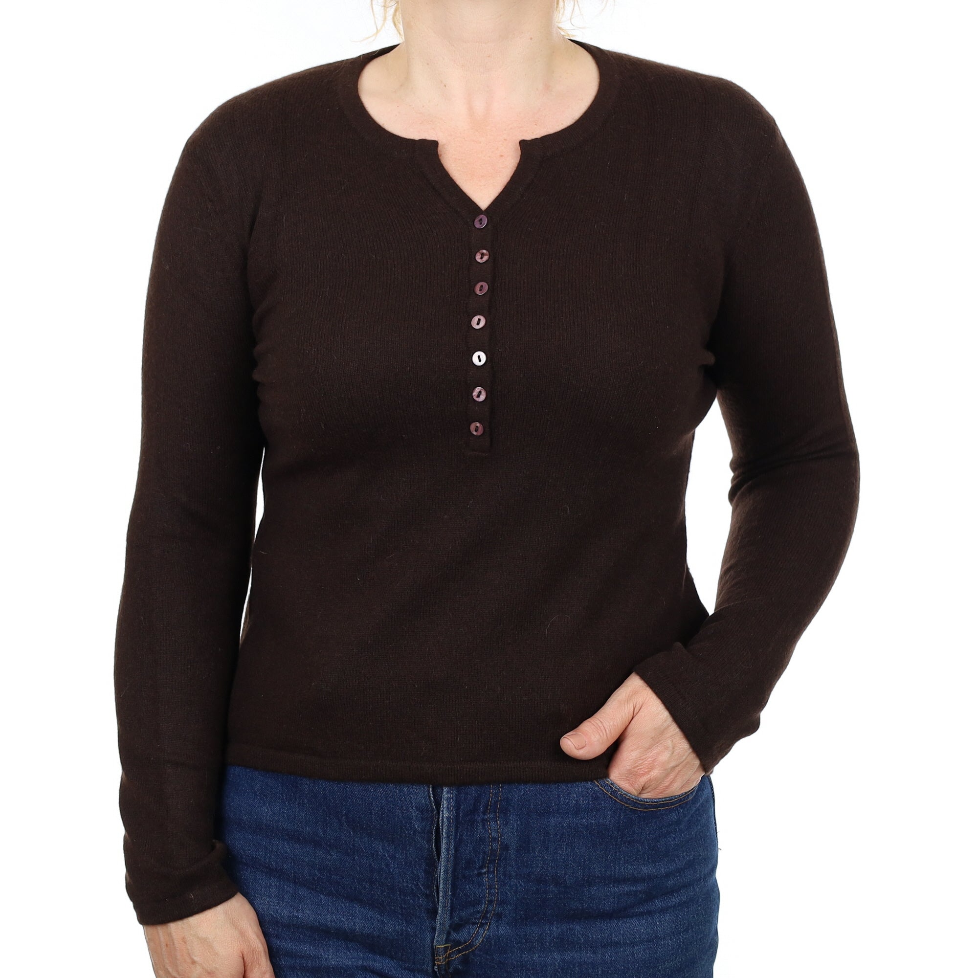 Dark Chocolate Cashmere Button Notch Neck Jumper Medium