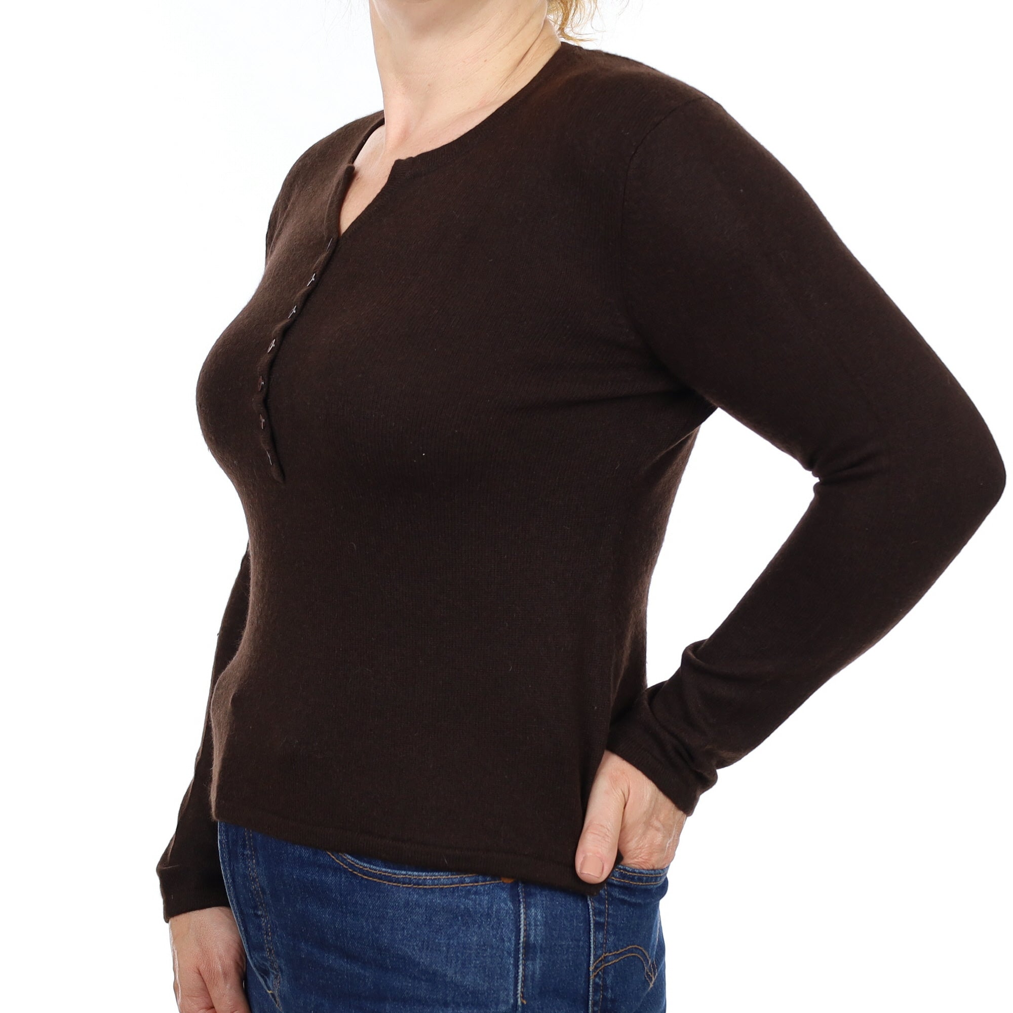 Dark Chocolate Cashmere Button Notch Neck Jumper Medium