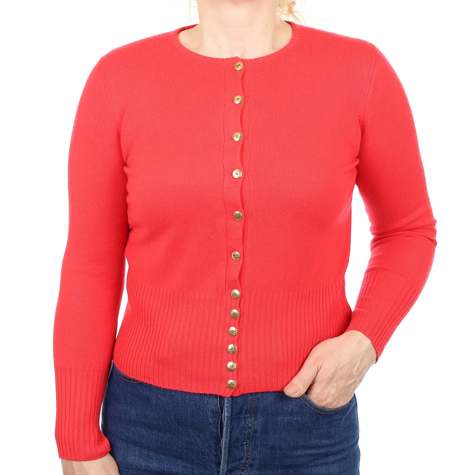 Italian Watermelon Red Cashmere Crew Neck Cardigan Medium