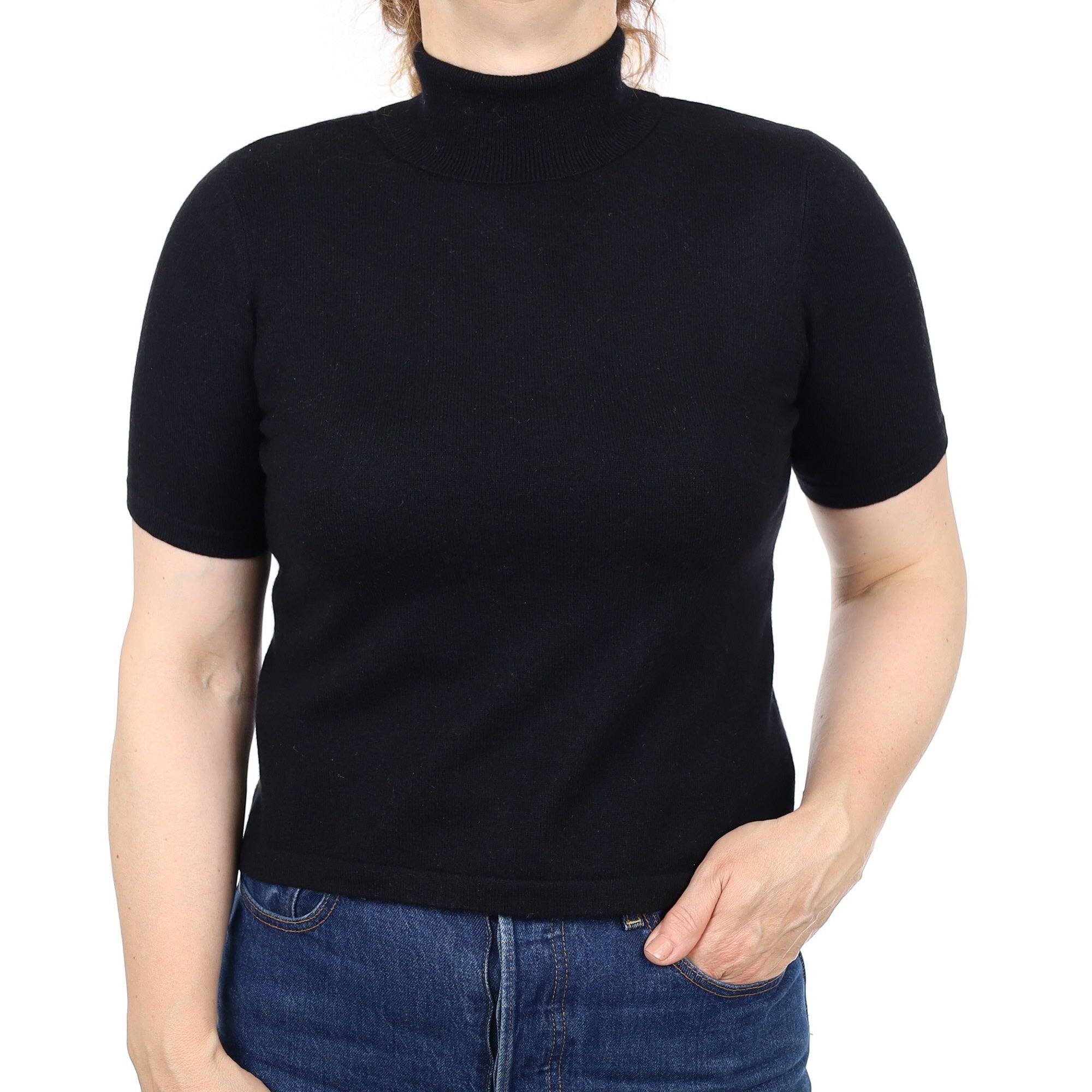 Black Cashmere Short Sleeved Polo Neck Jumper Medium