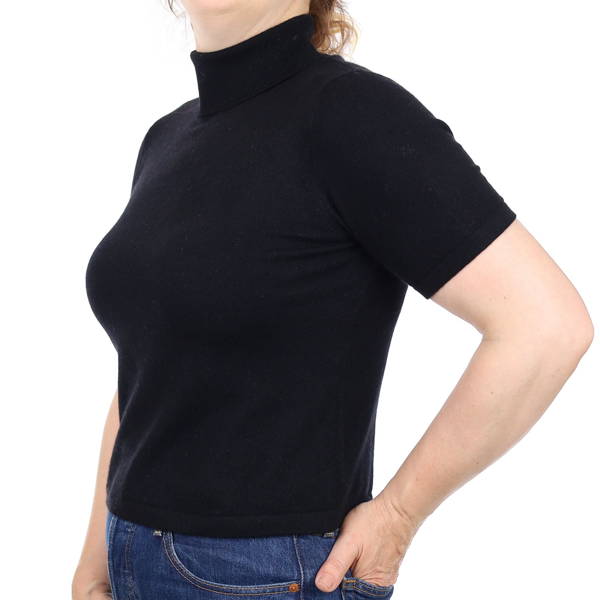 Black Cashmere Short Sleeved Polo Neck Jumper Medium