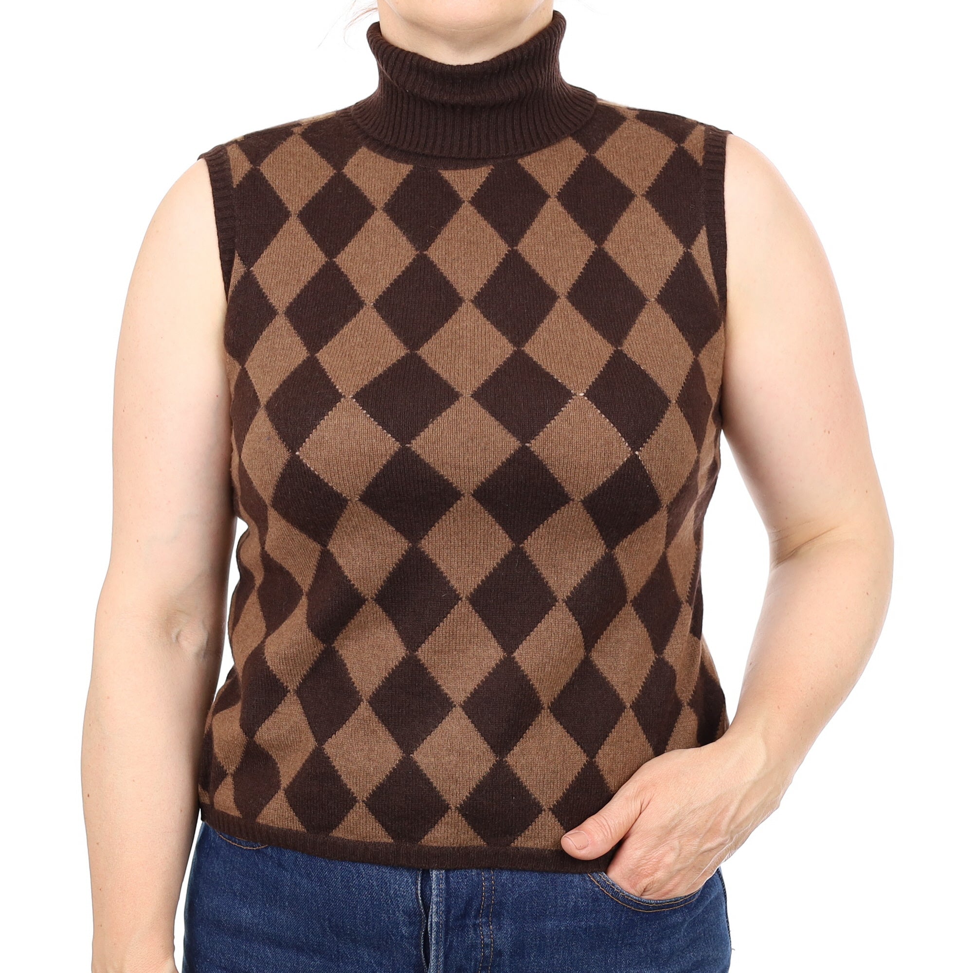 Brown Diamond Pattern Cashmere Sleeveless Polo Neck Jumper Medium