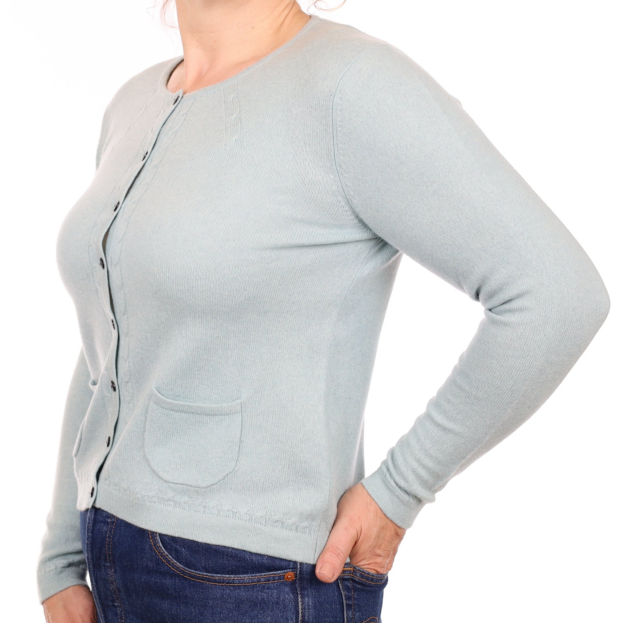 Opal Green Cable Detail Cashmere Crew Neck Cardigan with Pockets Medium