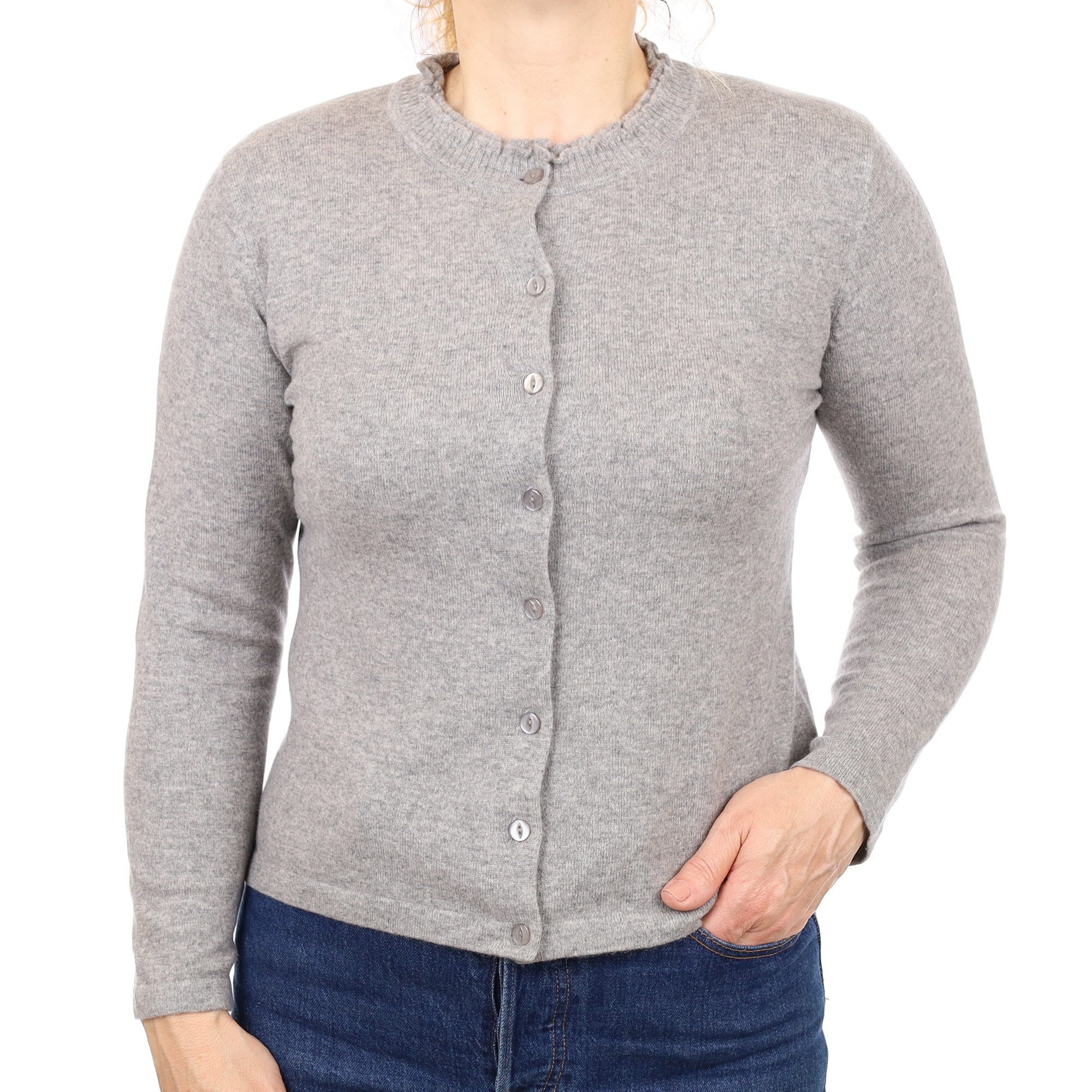 Smoke Grey Cashmere Ruffle Crew Neck Cardigan Medium