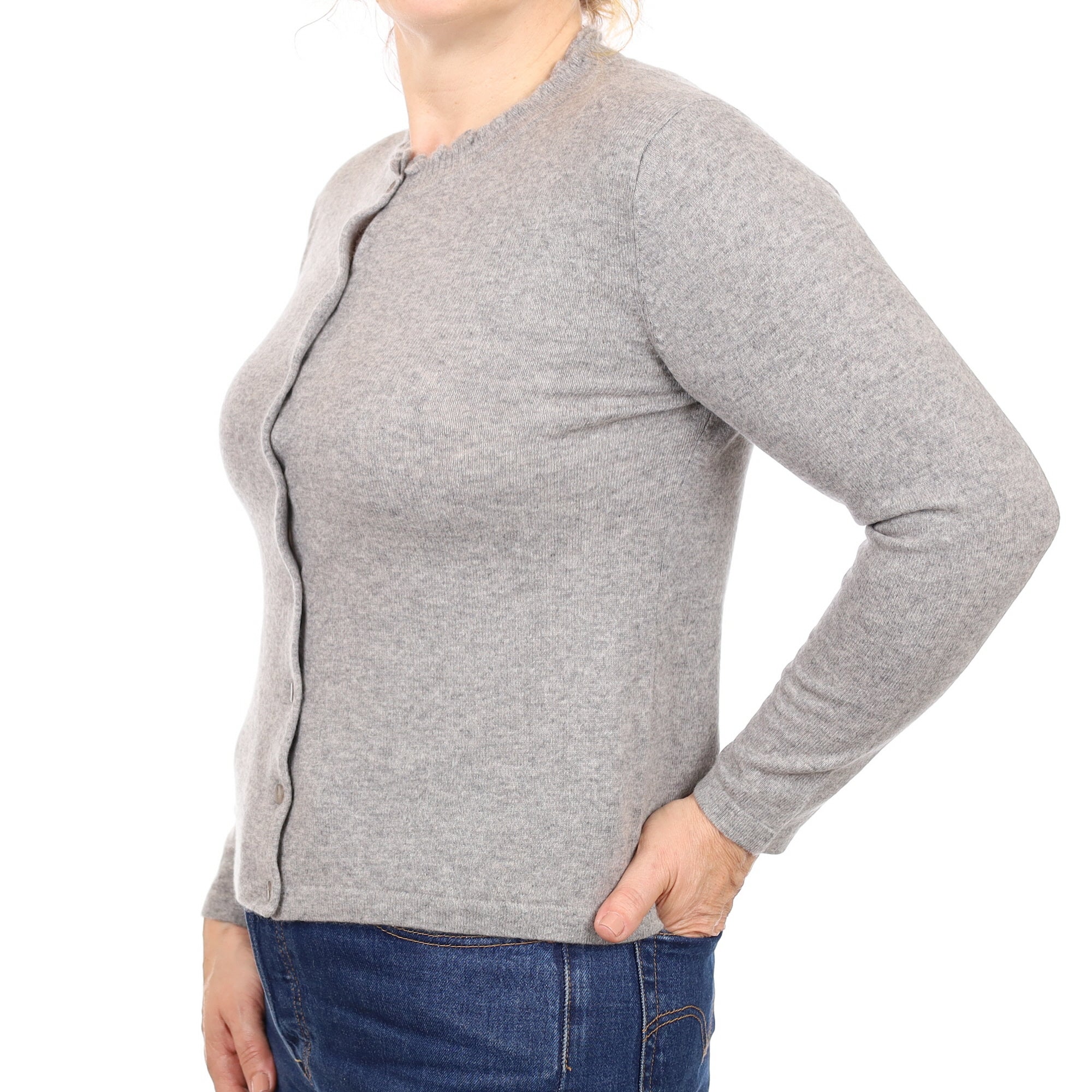 Smoke Grey Cashmere Ruffle Crew Neck Cardigan Medium