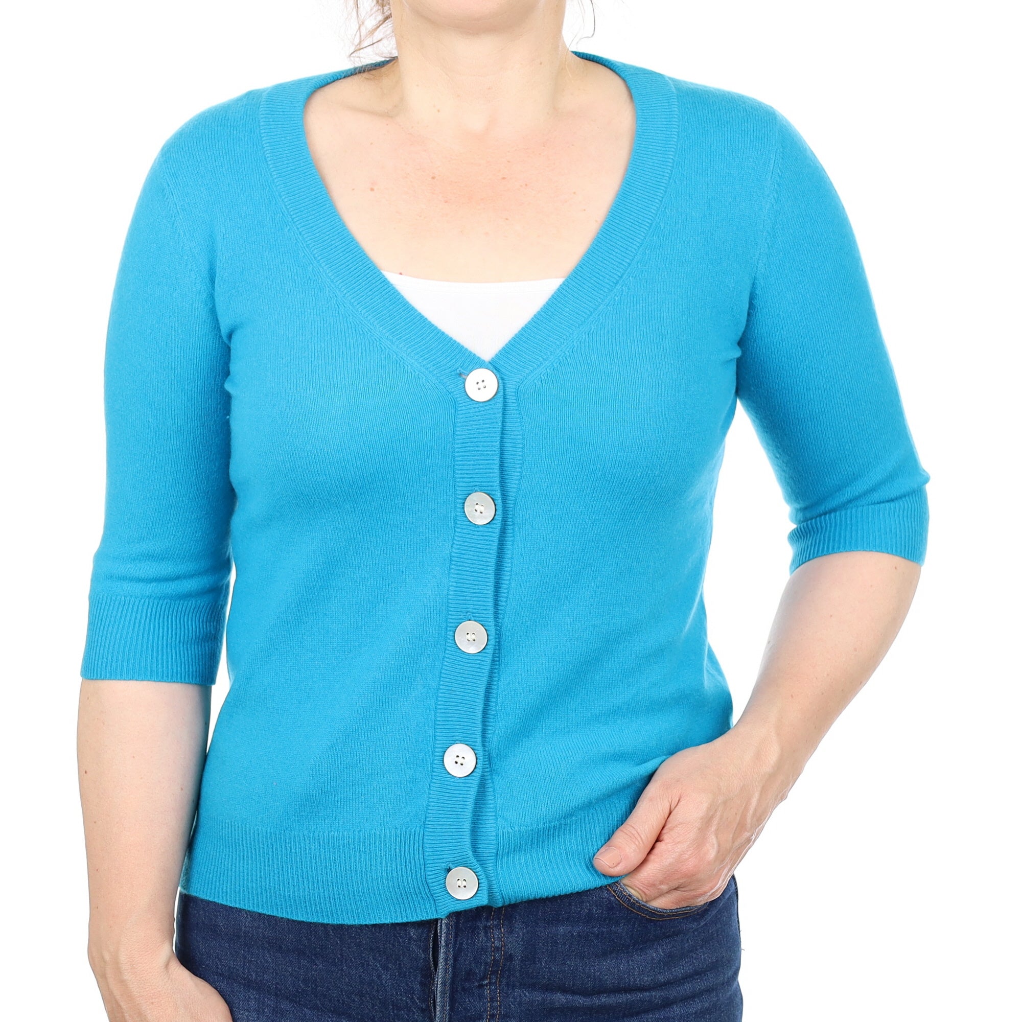 Turquoise Blue Cashmere 1/2 Sleeve V Neck Cardigan Medium