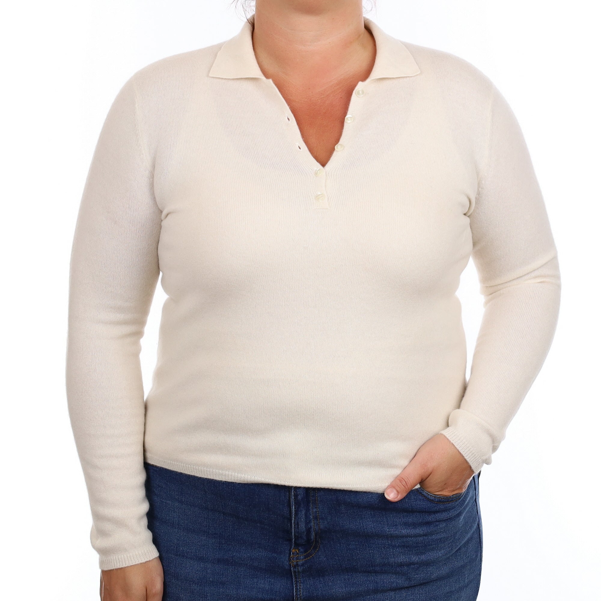 Warm White Cashmere Button Front Collared Jumper Large