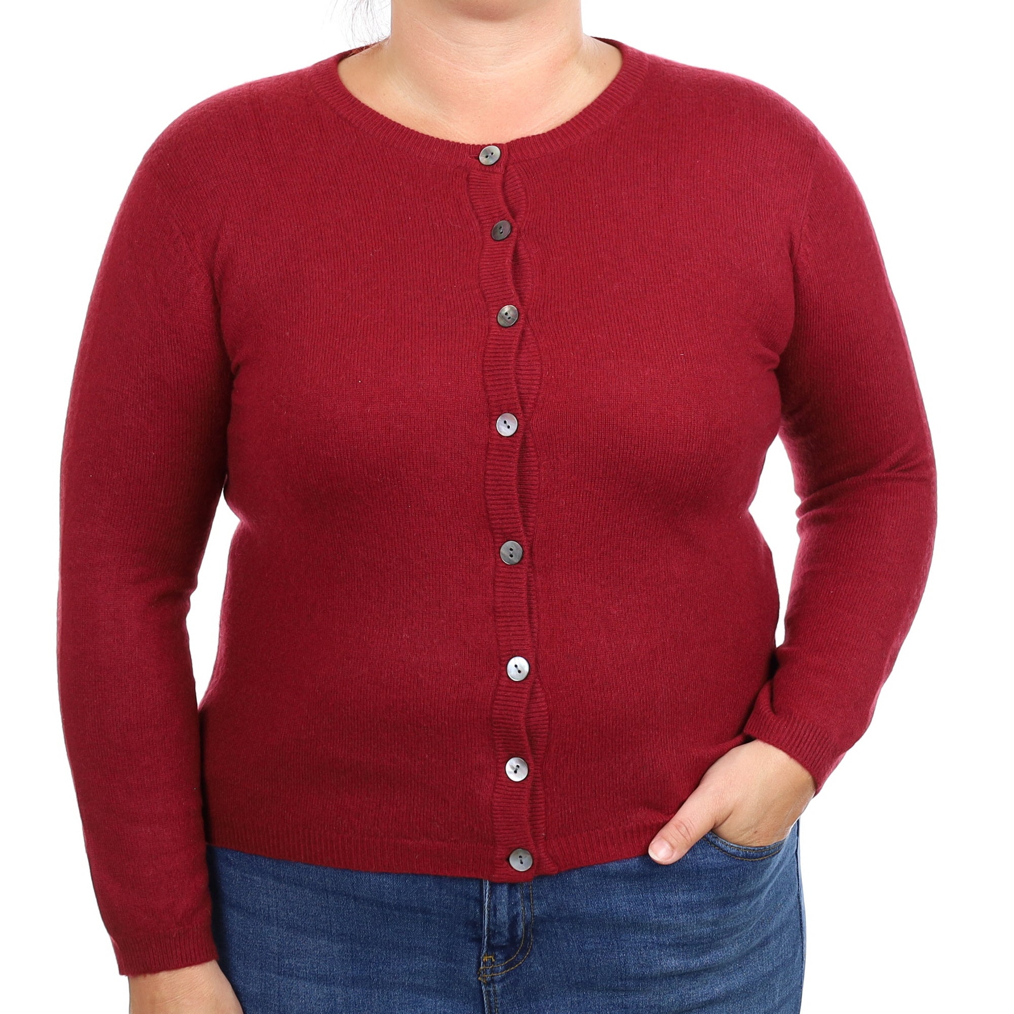 Burgundy Red Cashmere Crew Neck Cardigan Large