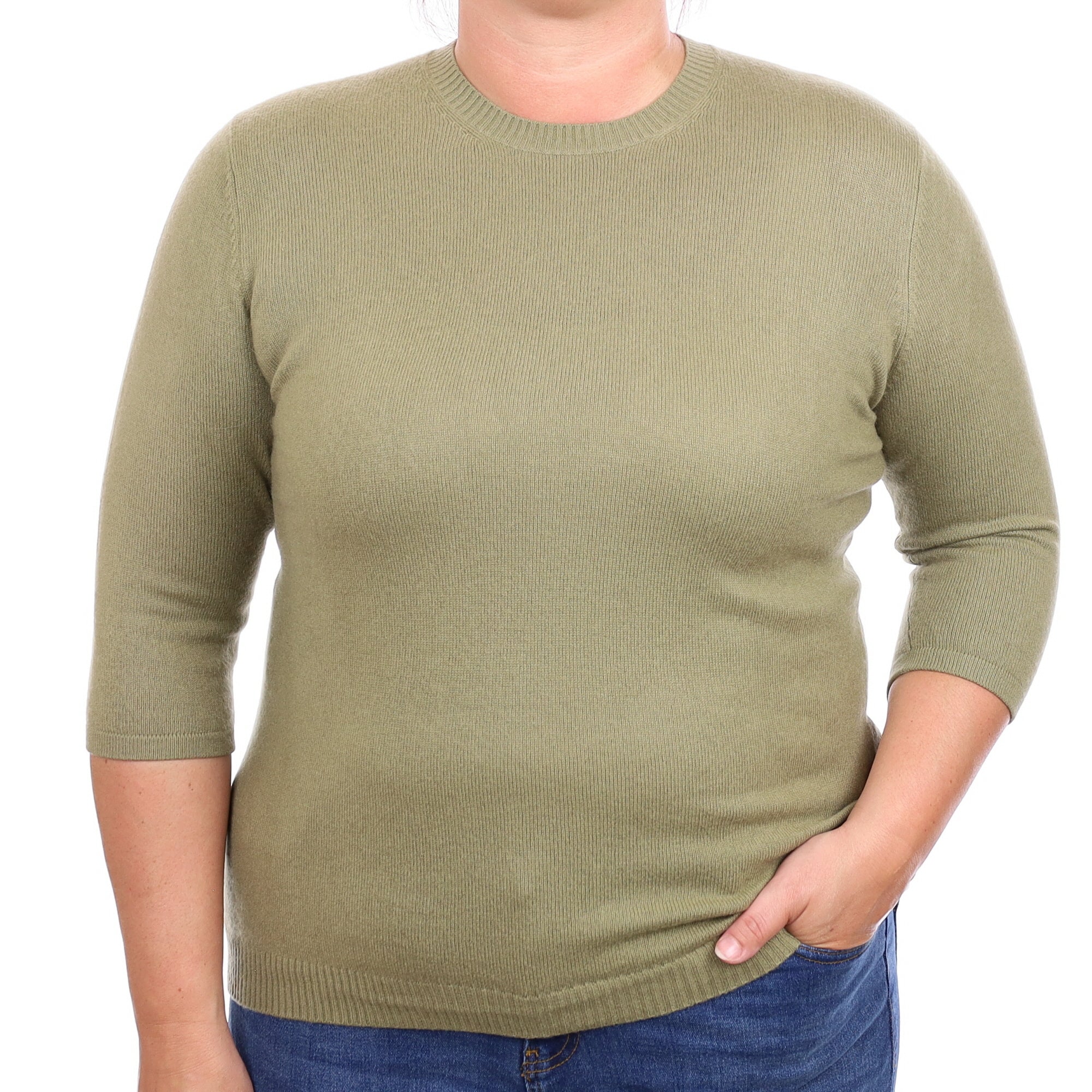 Olive Green Cashmere 1/2 Sleeve Crew Neck Jumper Large