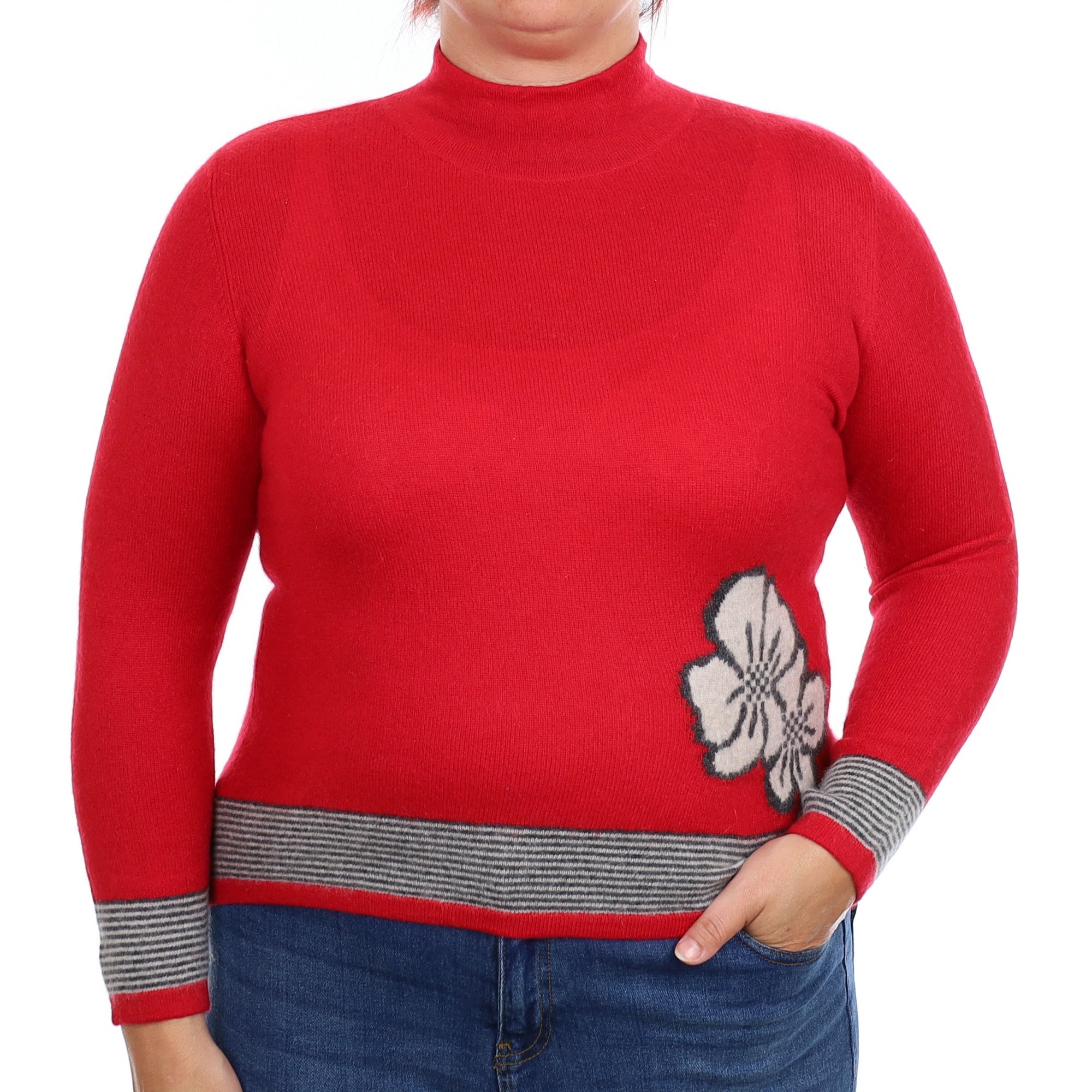 Berry Red Flower & Stripe Cashmere Funnel Neck Jumper Large