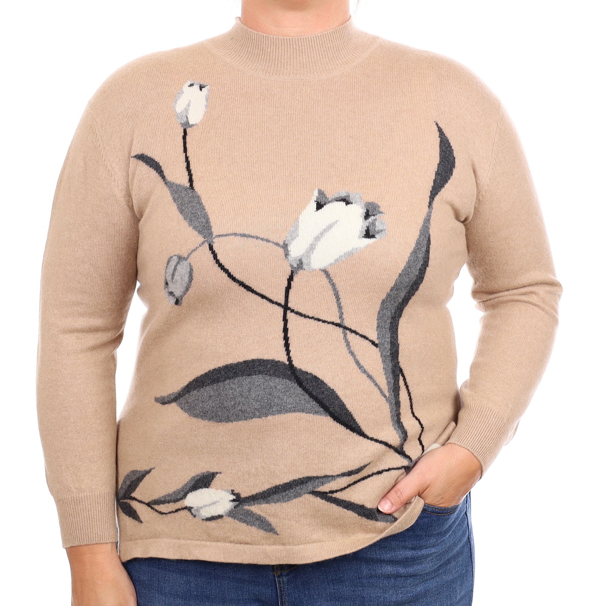 Brown and Grey Floral Cashmere Turtleneck Jumper Large