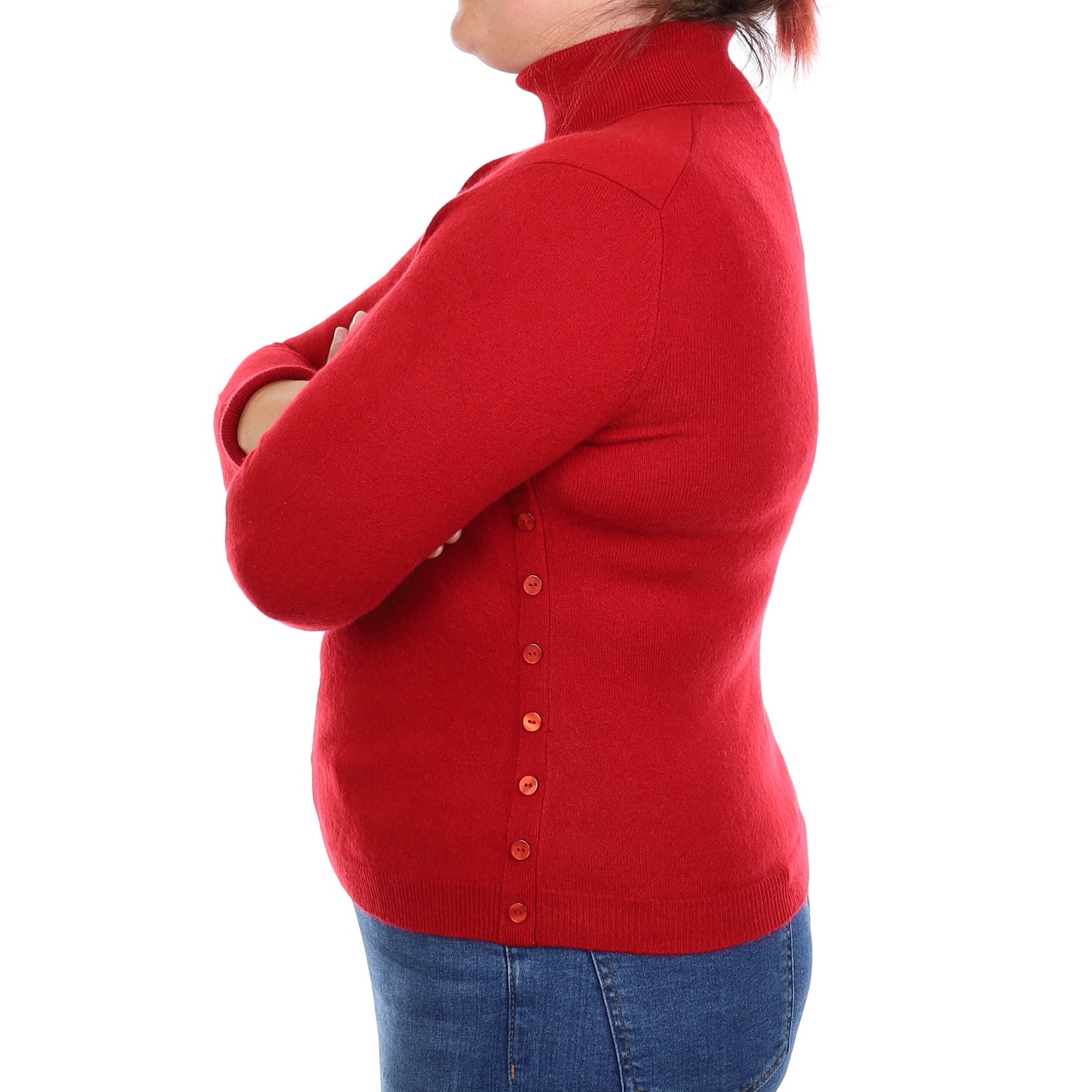 Red Button Detail Cashmere Polo Neck Jumper Large