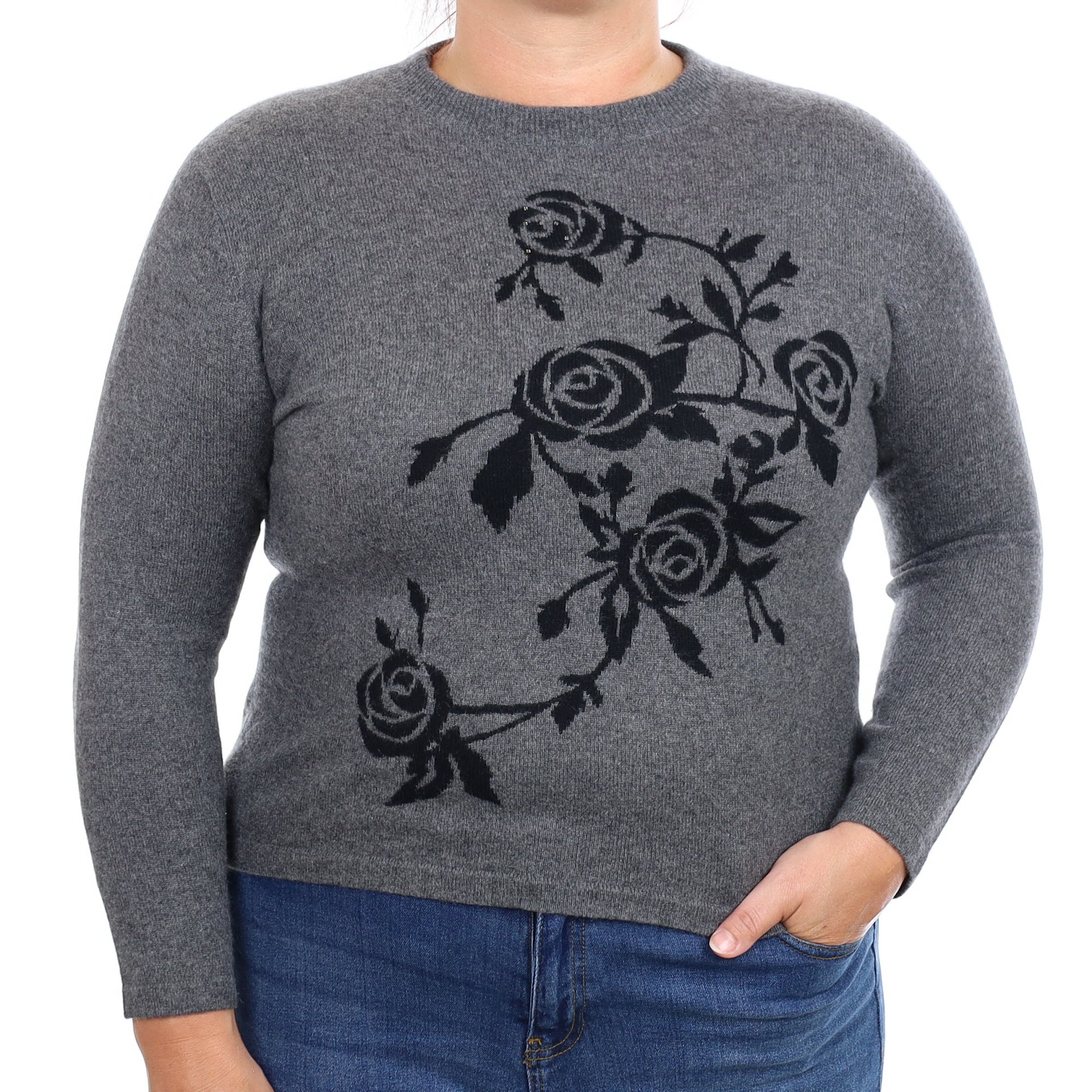 Grey and Black Floral Cashmere Turtleneck Jumper Large