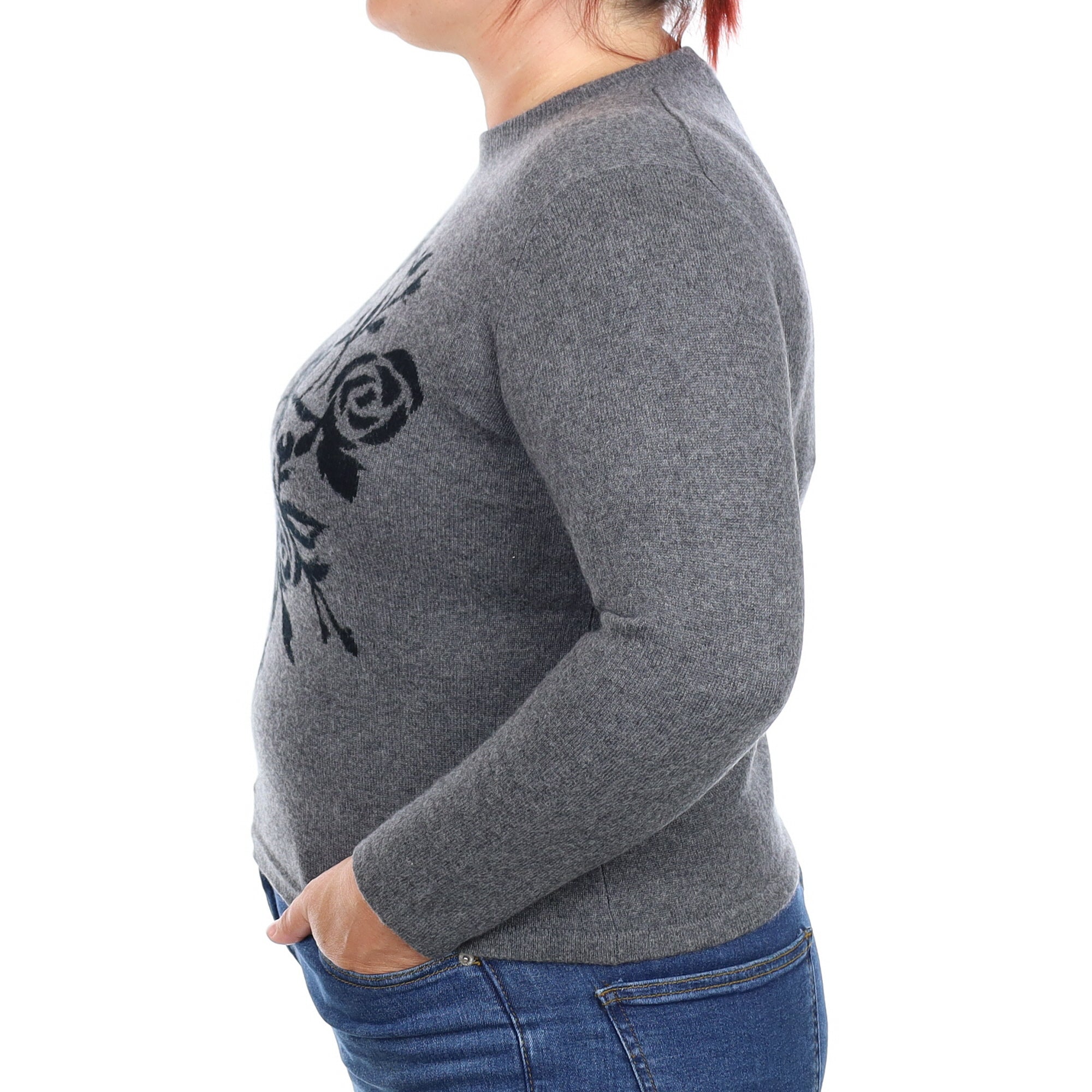 Grey and Black Floral Cashmere Turtleneck Jumper Large