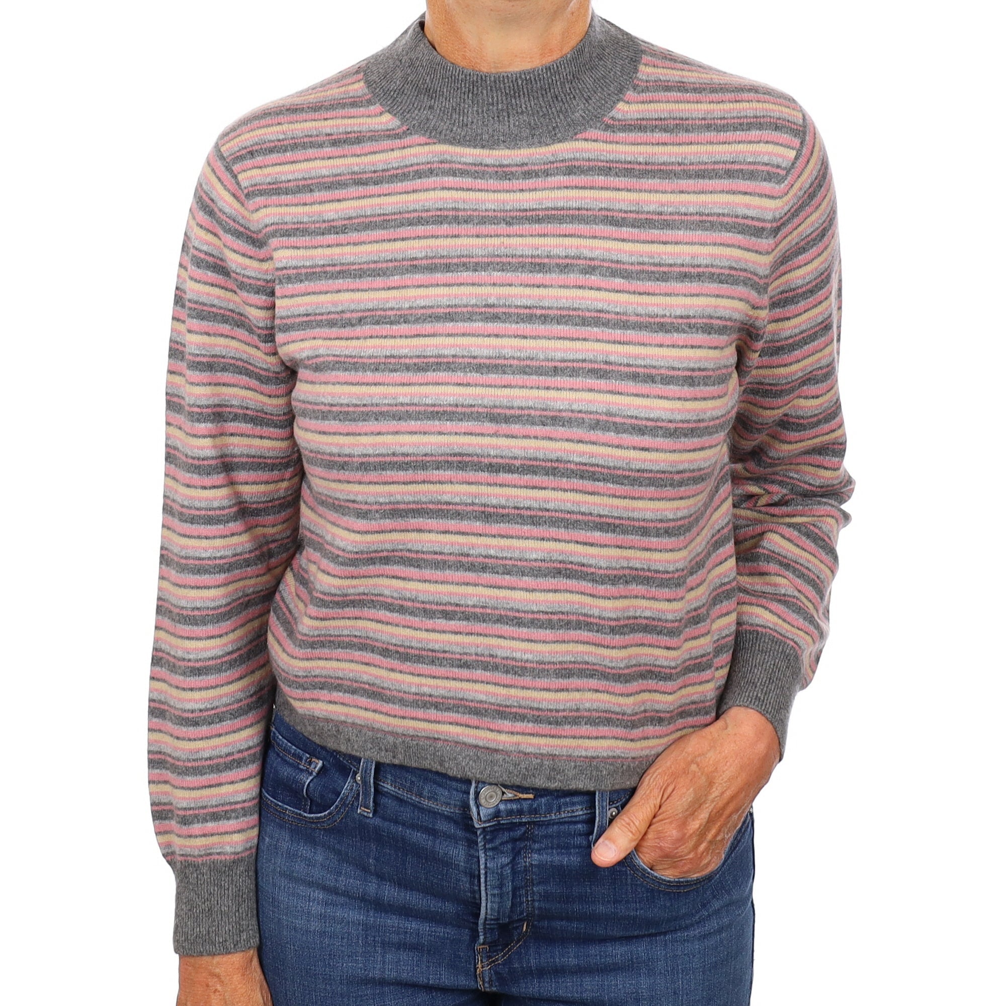 Grey and Multicoloured Stripe Cashmere Turtle Neck Jumper Medium