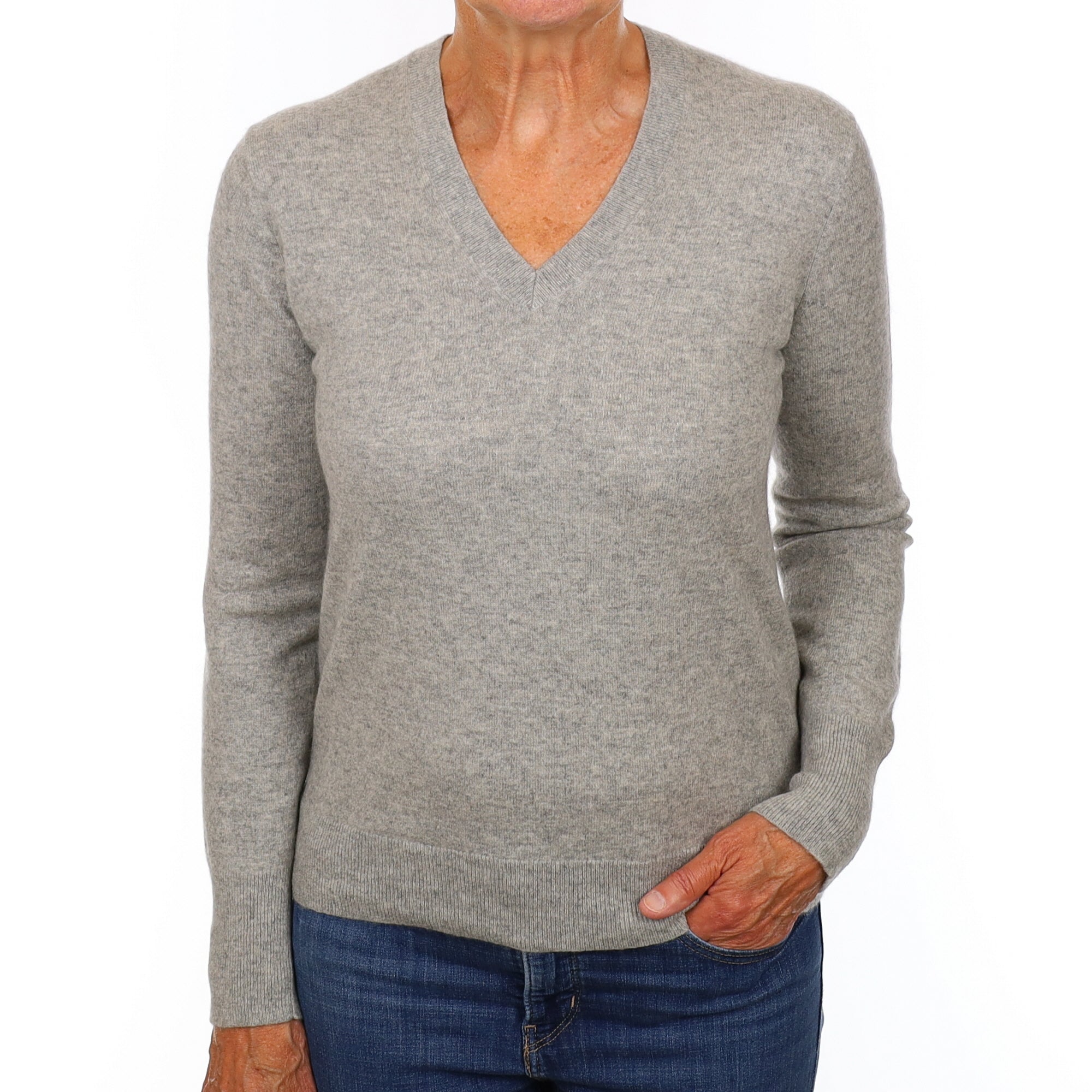 Ash Grey Cashmere V Neck Jumper Medium