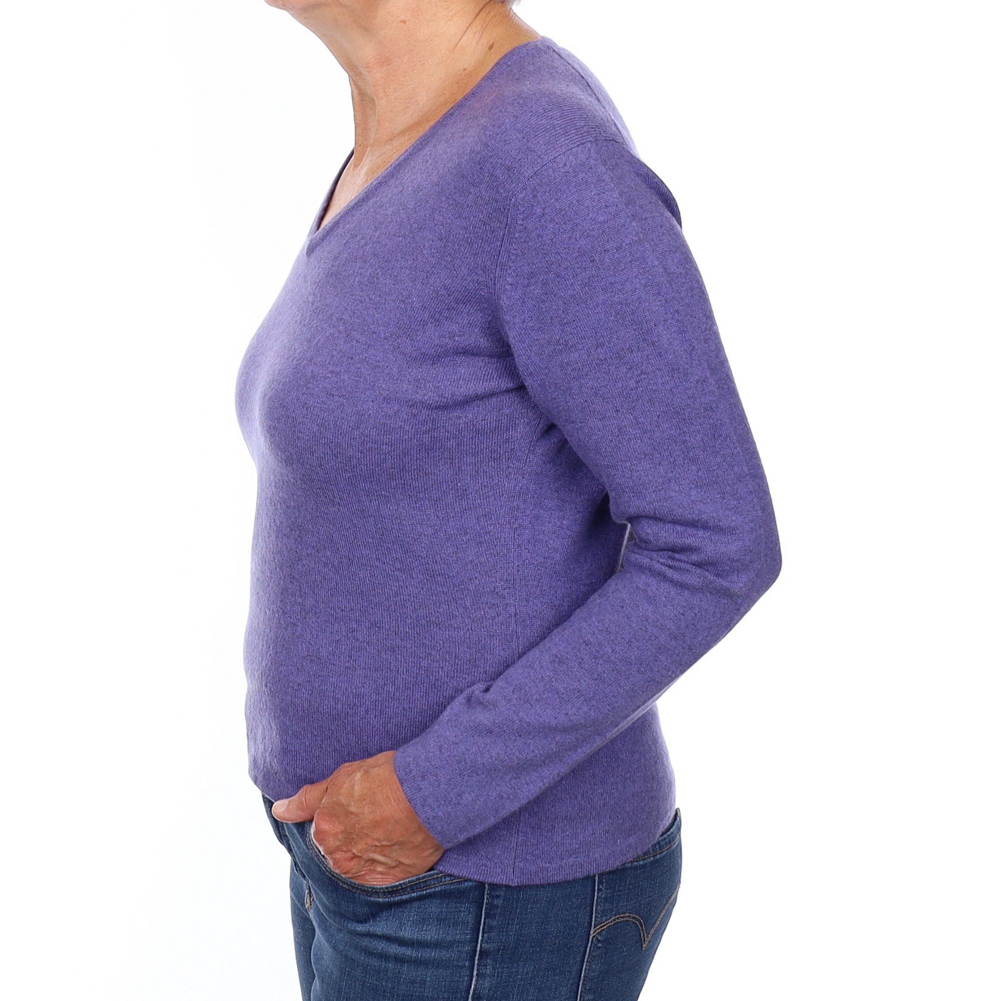 Scottish Deep Lavender Cashmere V Neck Jumper Medium