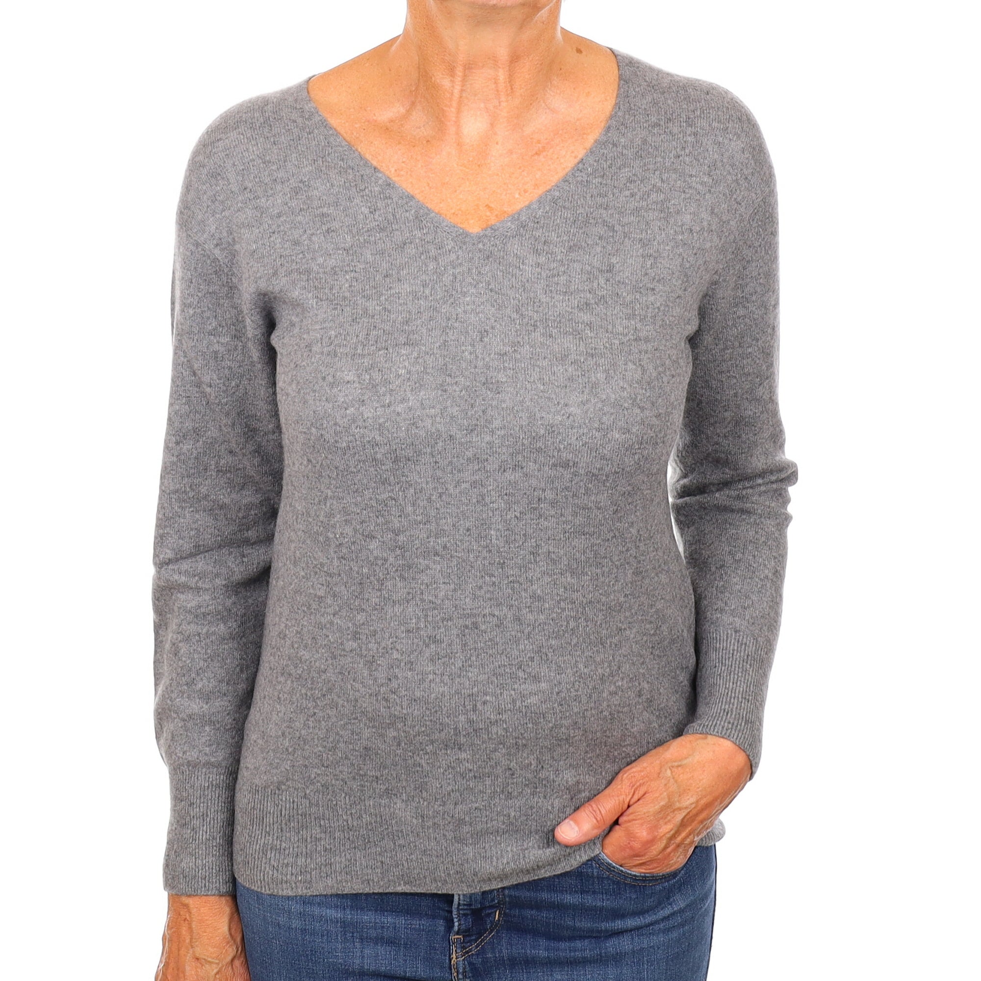 Ash Grey Cashmere V Neck Jumper Medium
