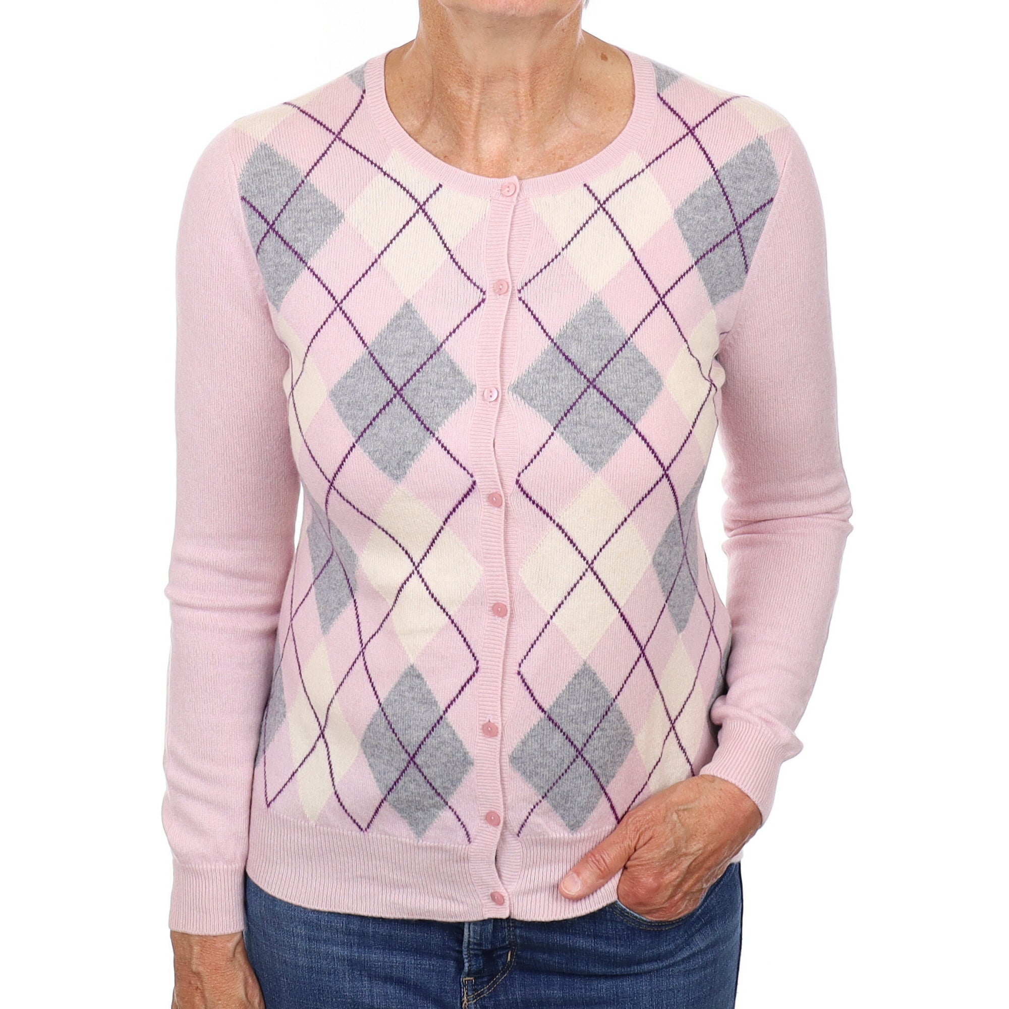 Pink Argyle Cashmere Crew Neck Cardigan Medium