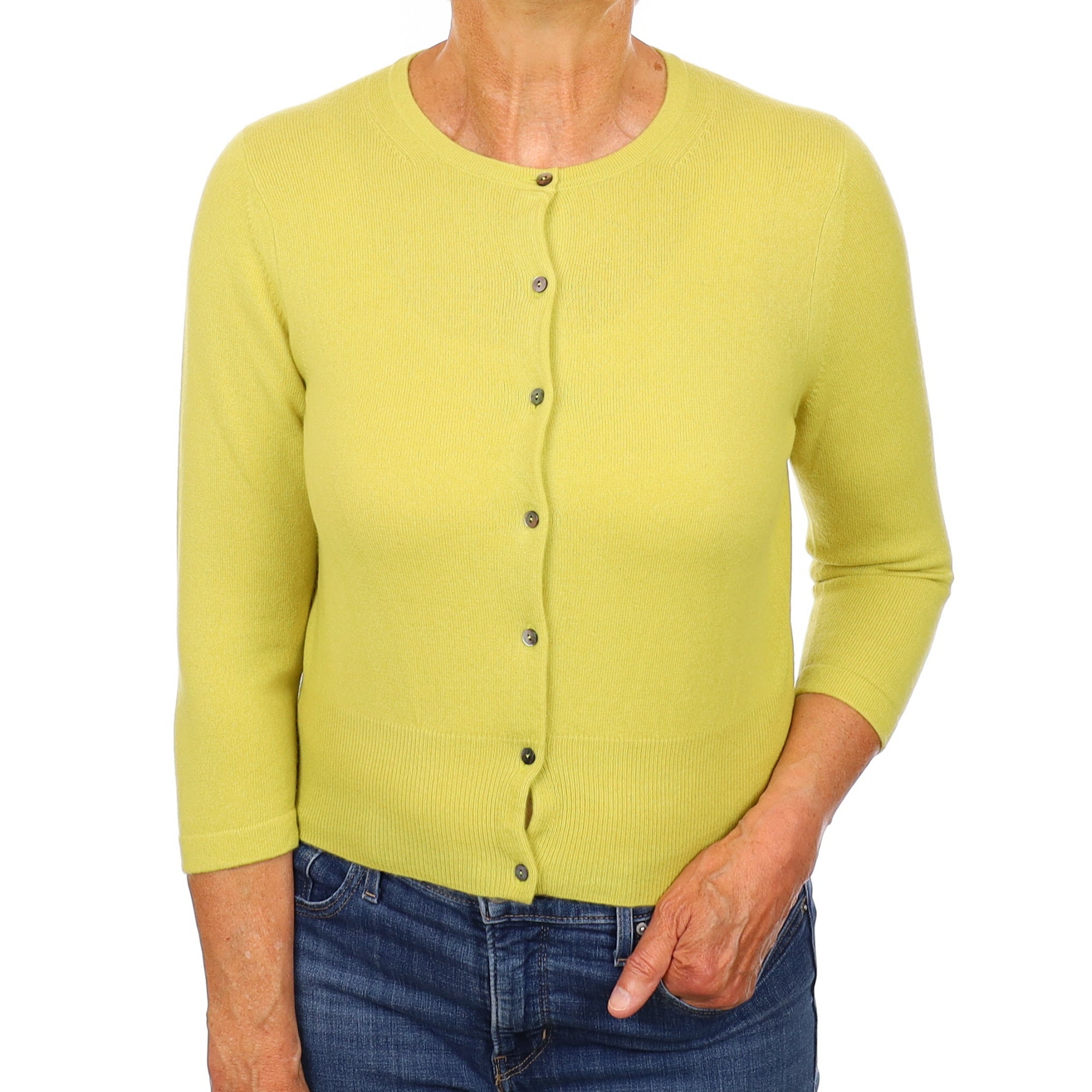 Key Lime Green Cashmere 3/4 Sleeve Crew Neck Cardigan Medium