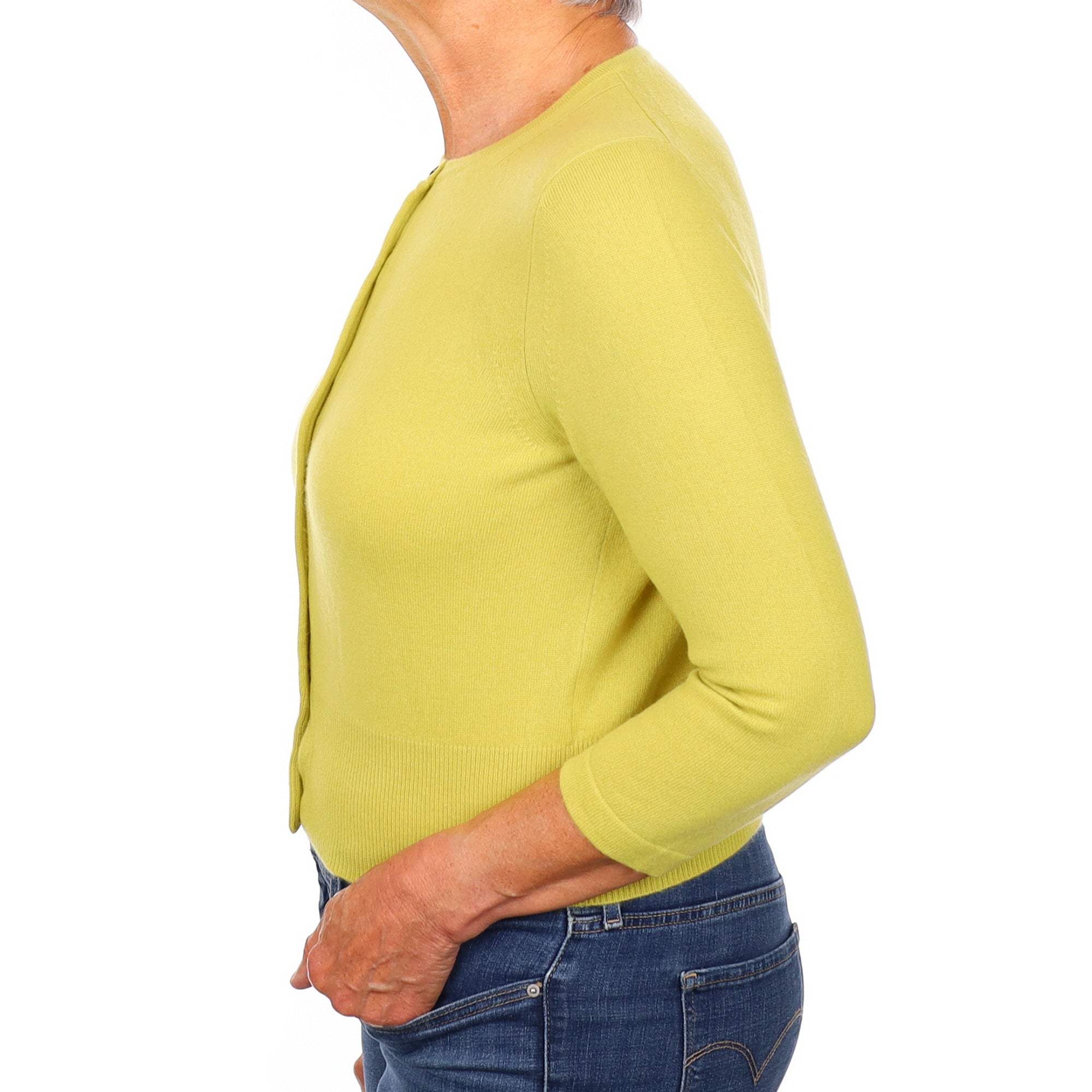 Key Lime Green Cashmere 3/4 Sleeve Crew Neck Cardigan Medium