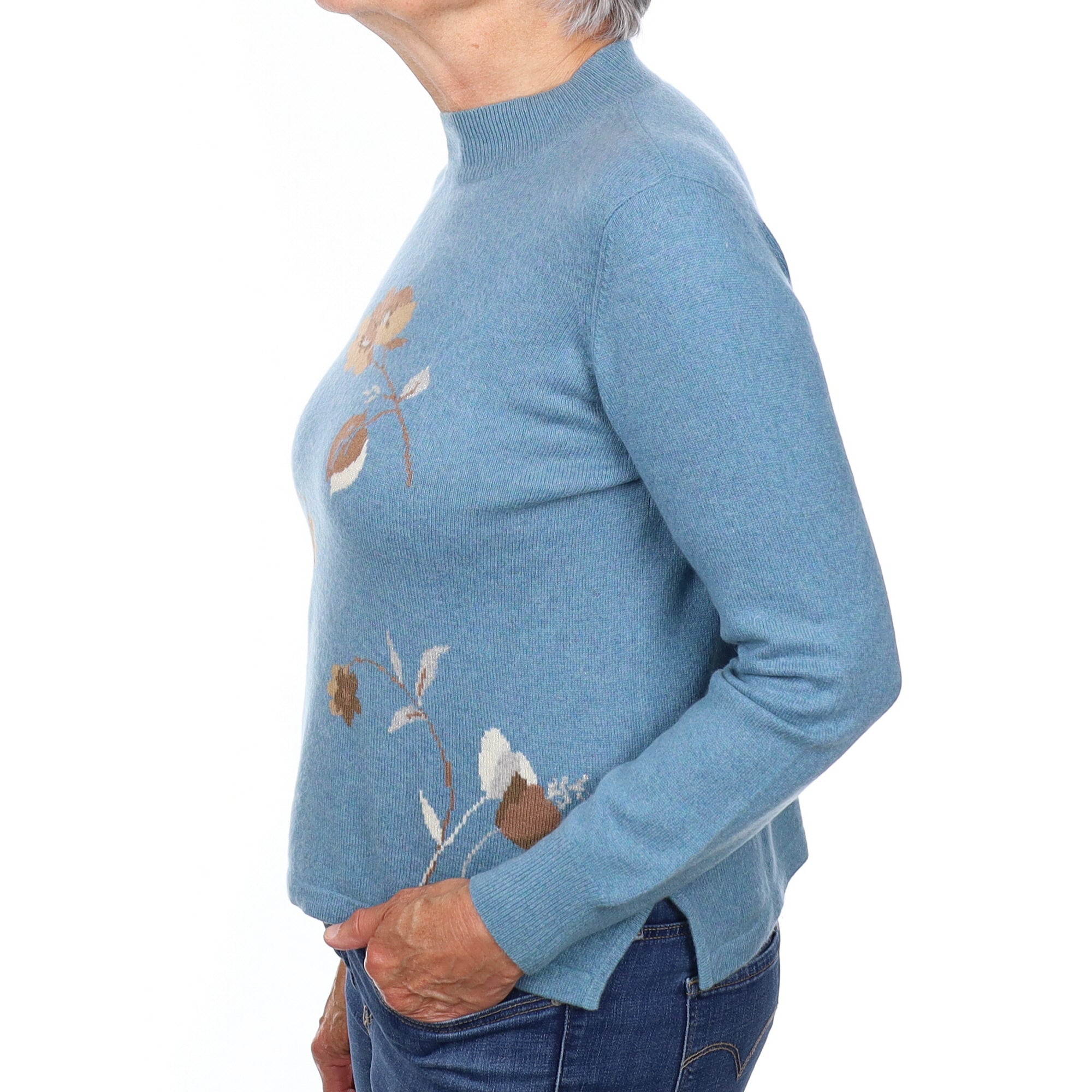Muted Aqua Floral Cashmere Turtleneck Jumper Medium