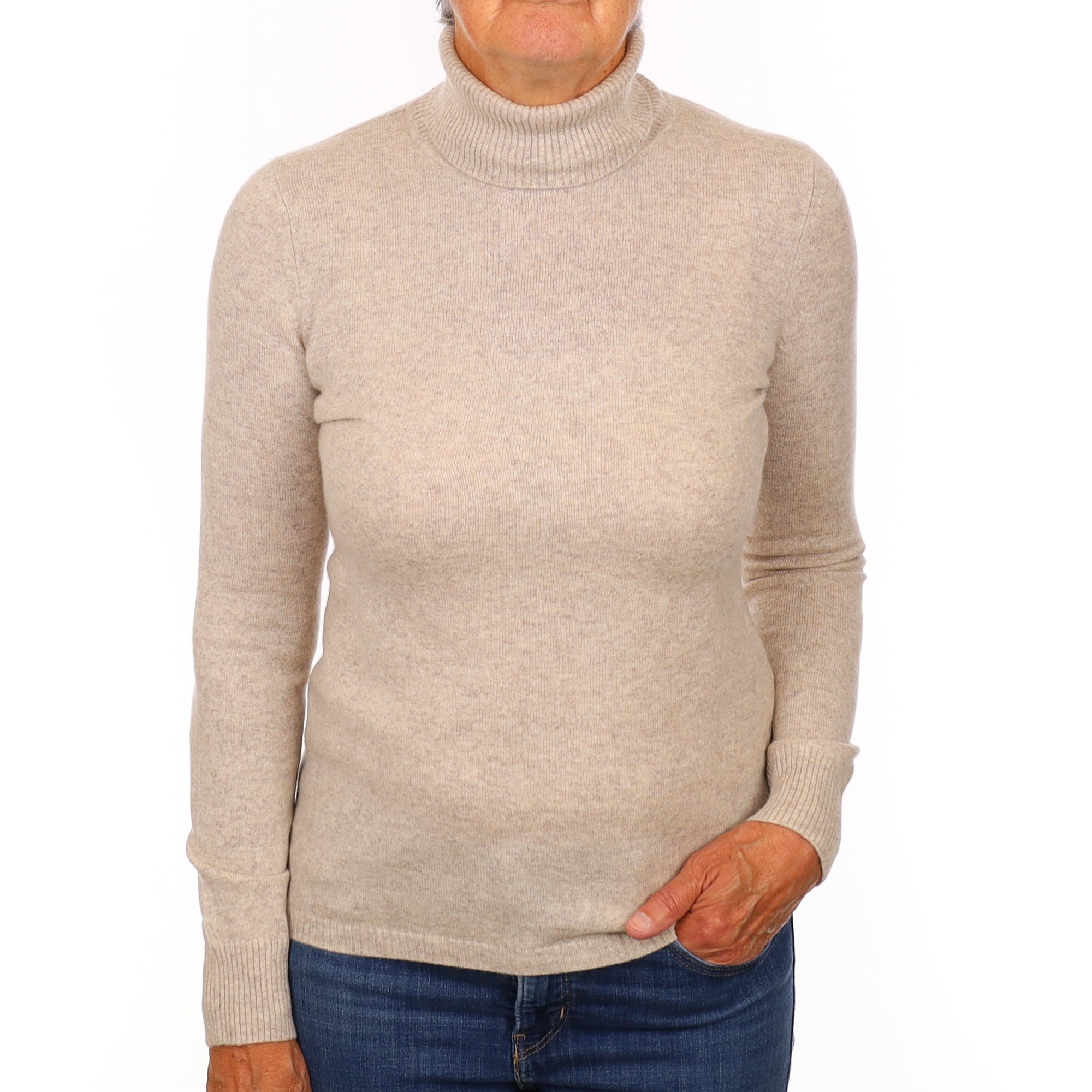 Oatmeal Beige Cashmere Polo Neck Jumper Medium