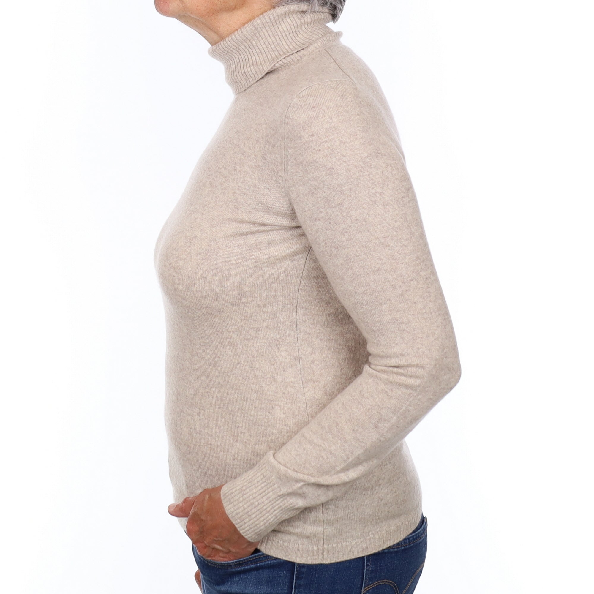 Oatmeal Beige Cashmere Polo Neck Jumper Medium