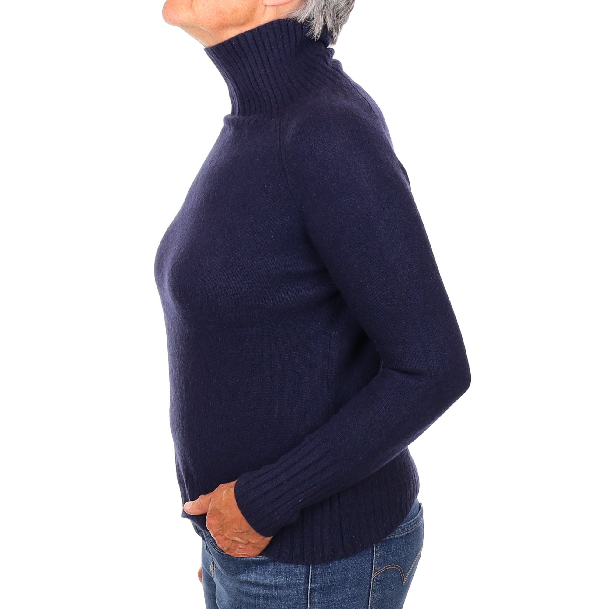 Navy Cashmere Heavy Knit Polo Neck Jumper Medium