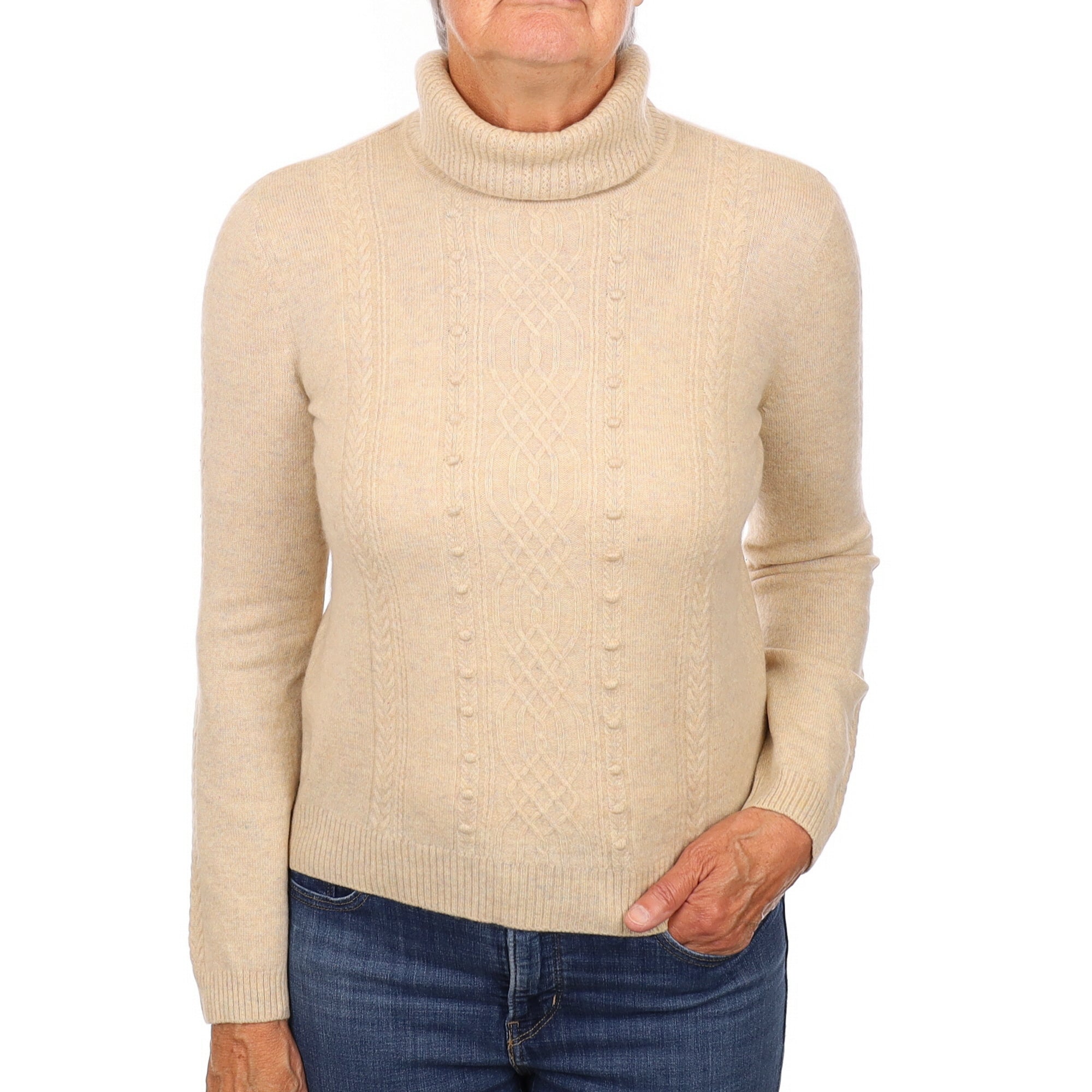 Sand Beige Textured Knit Cashmere Polo Neck Jumper Medium