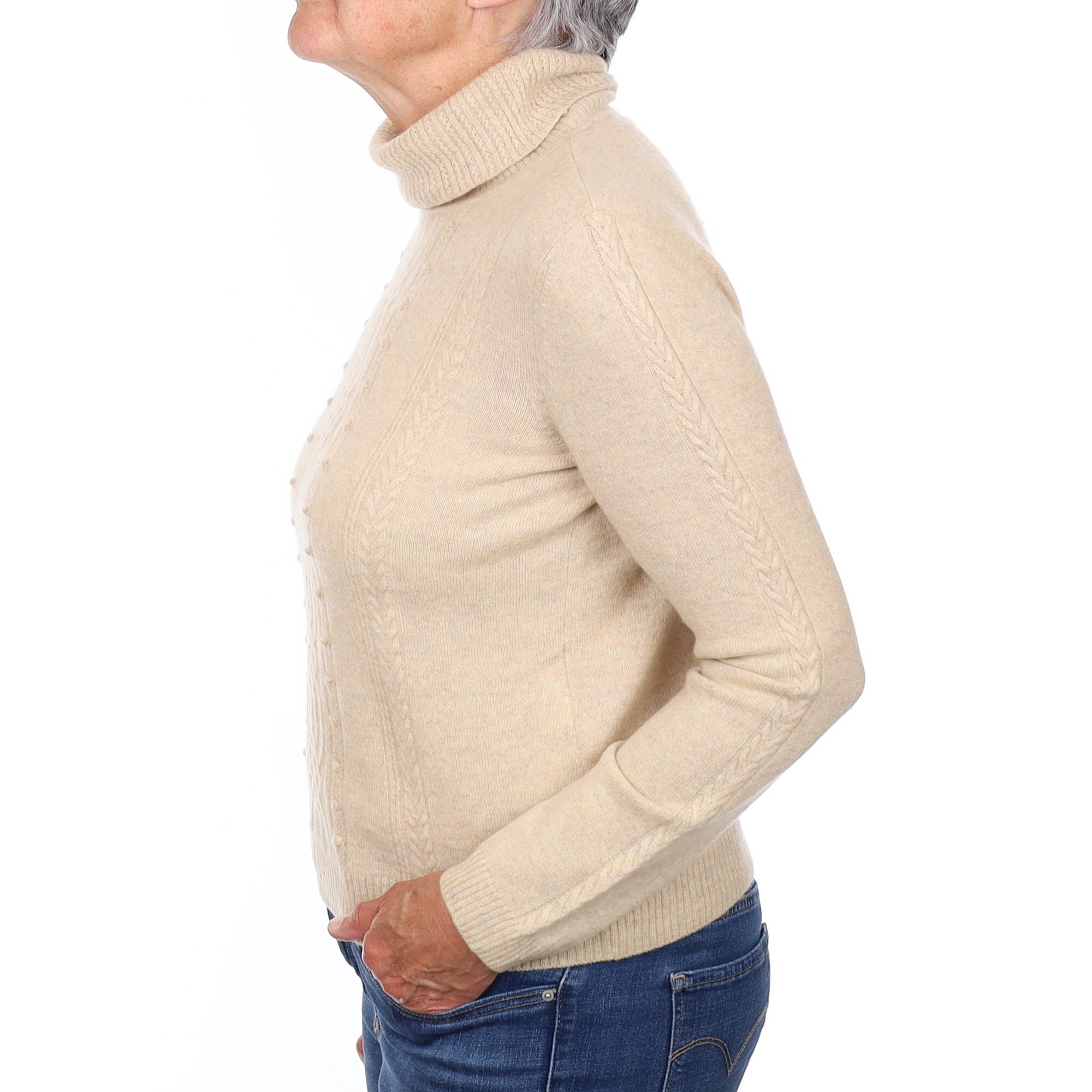 Sand Beige Textured Knit Cashmere Polo Neck Jumper Medium