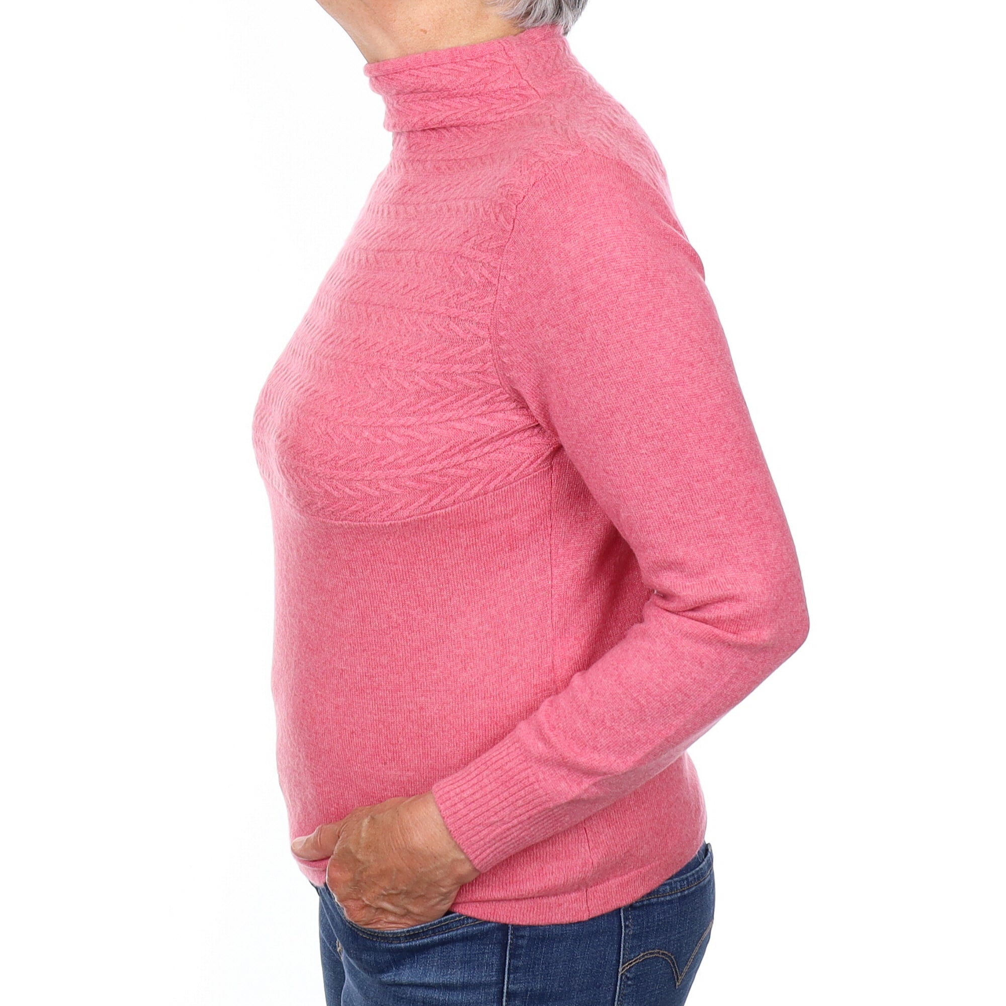 Rose Pink Cashmere Textured Turtleneck Jumper Medium